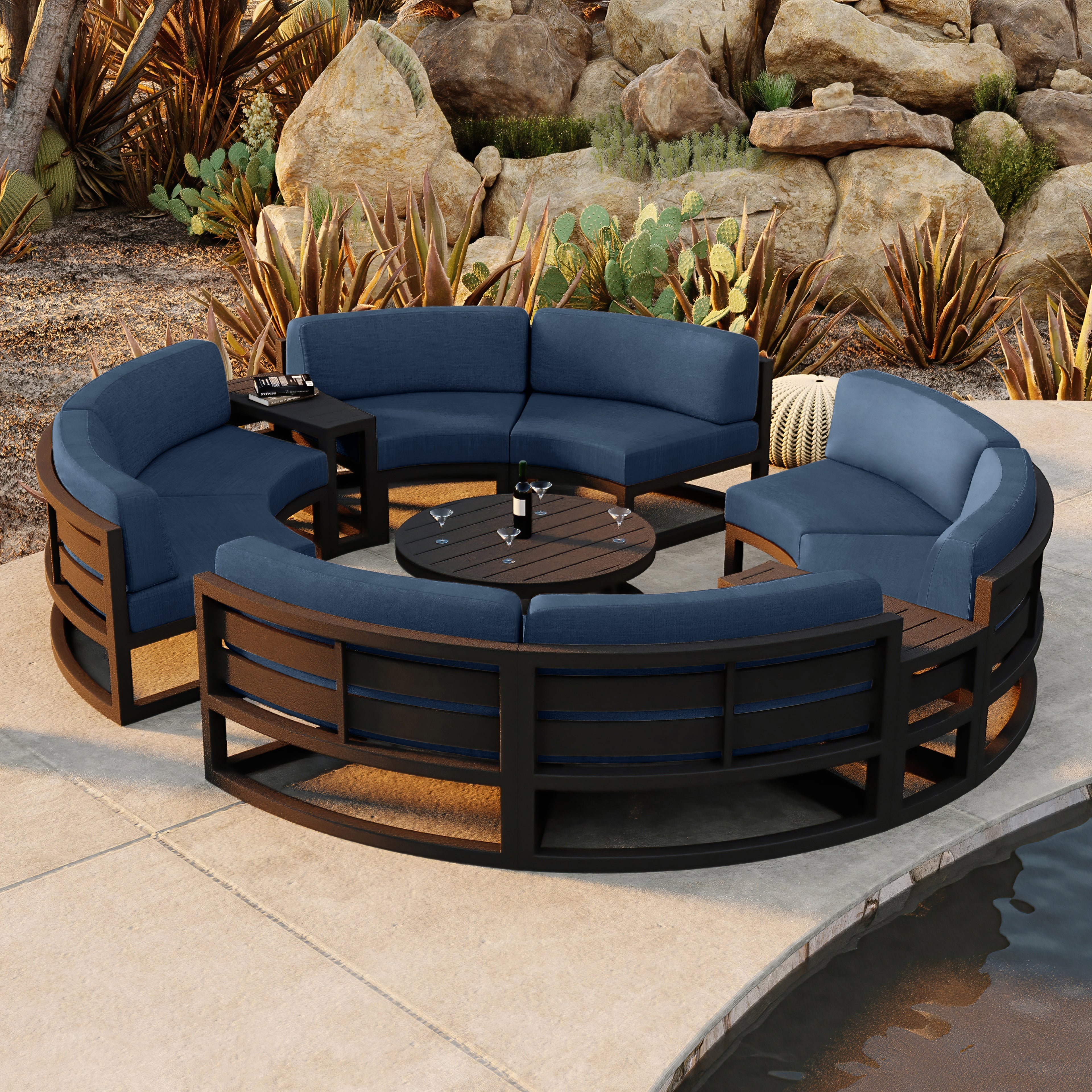 Avion 7 Piece Aluminum Curve Sectional Set#Finish_Black#Fabric_Spectrum Indigo