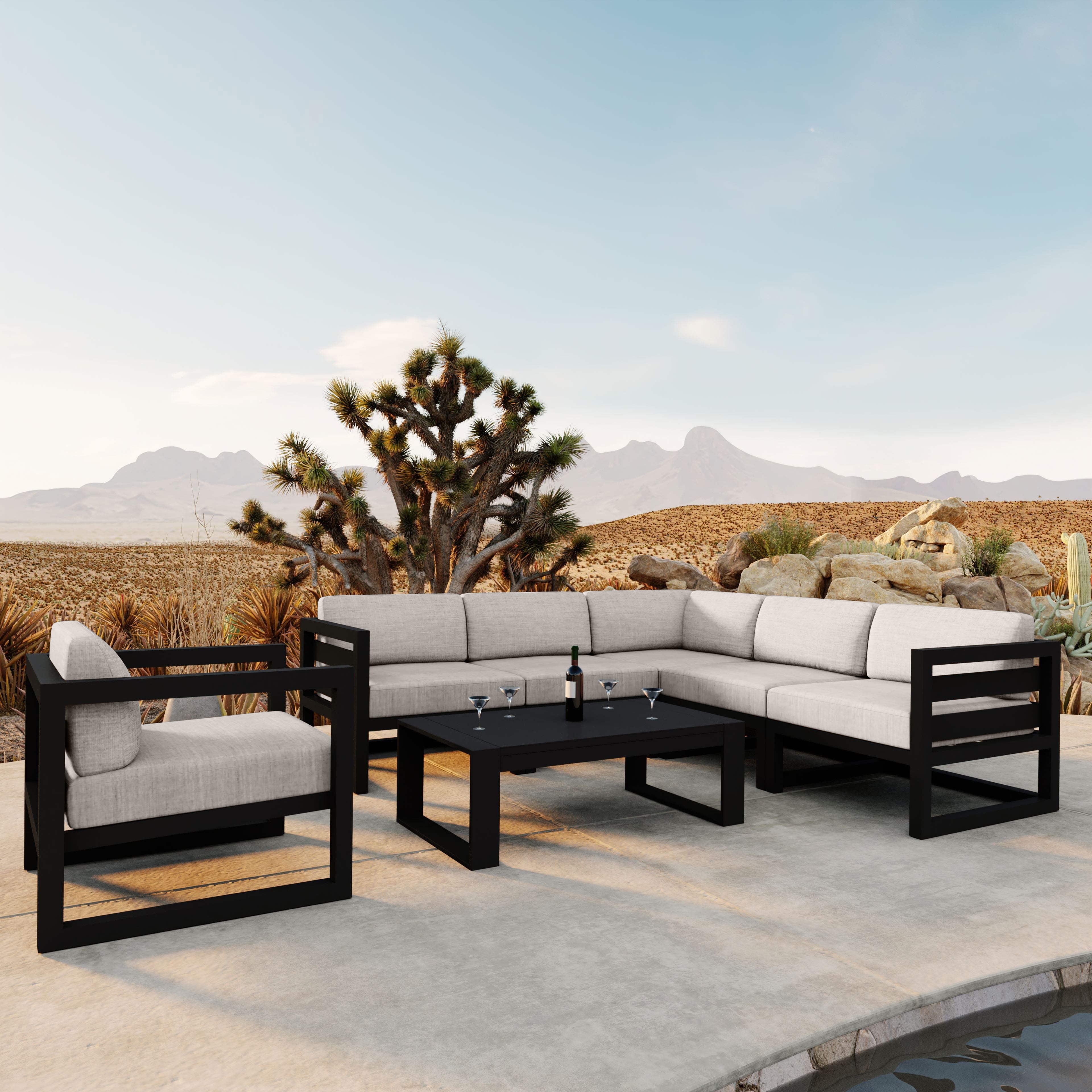 Avion 7 Piece Aluminum Sectional Set#Finish_Black#Fabric_Cast Silver