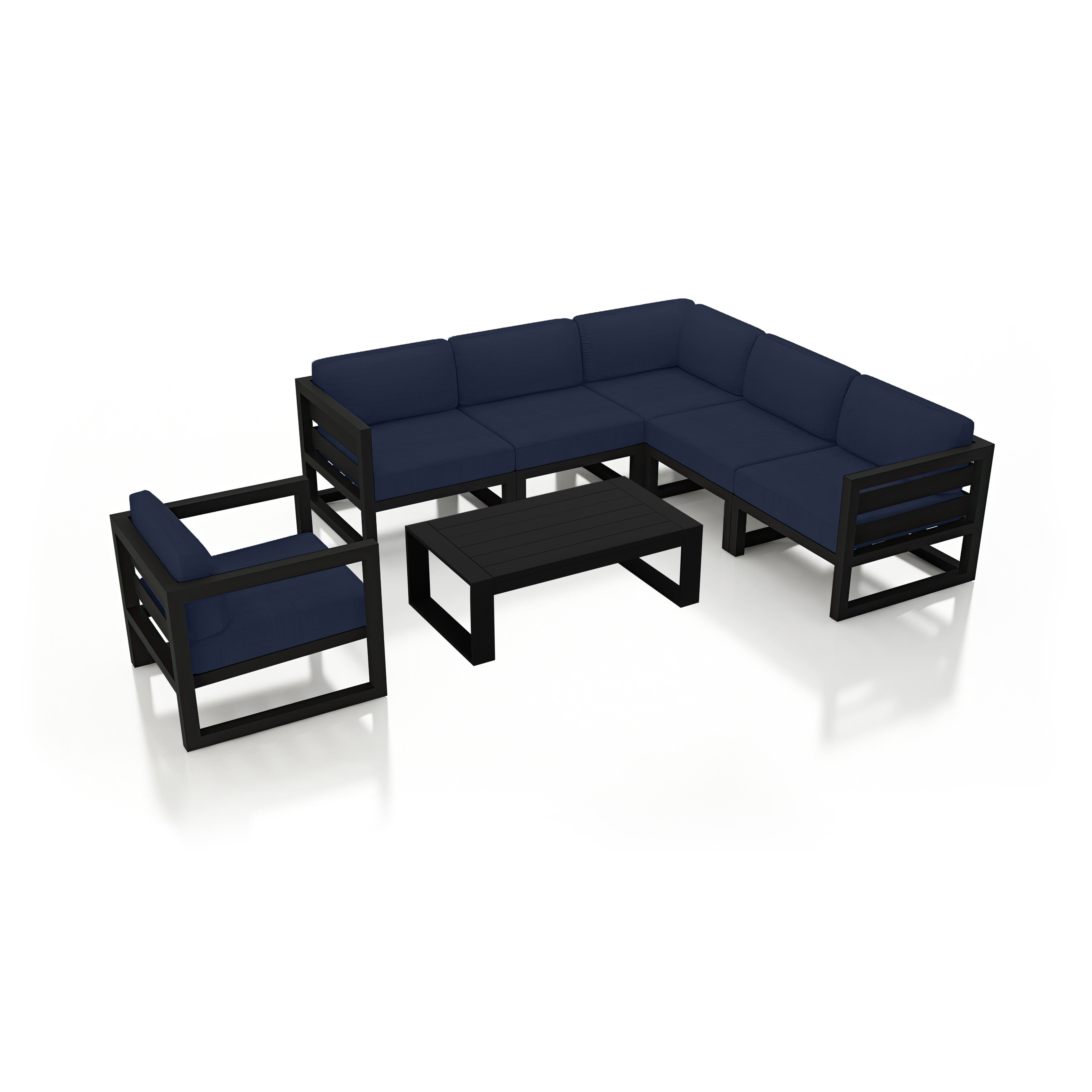 Avion 7 Piece Aluminum Sectional Set#Finish_Black#Fabric_Spectrum Indigo