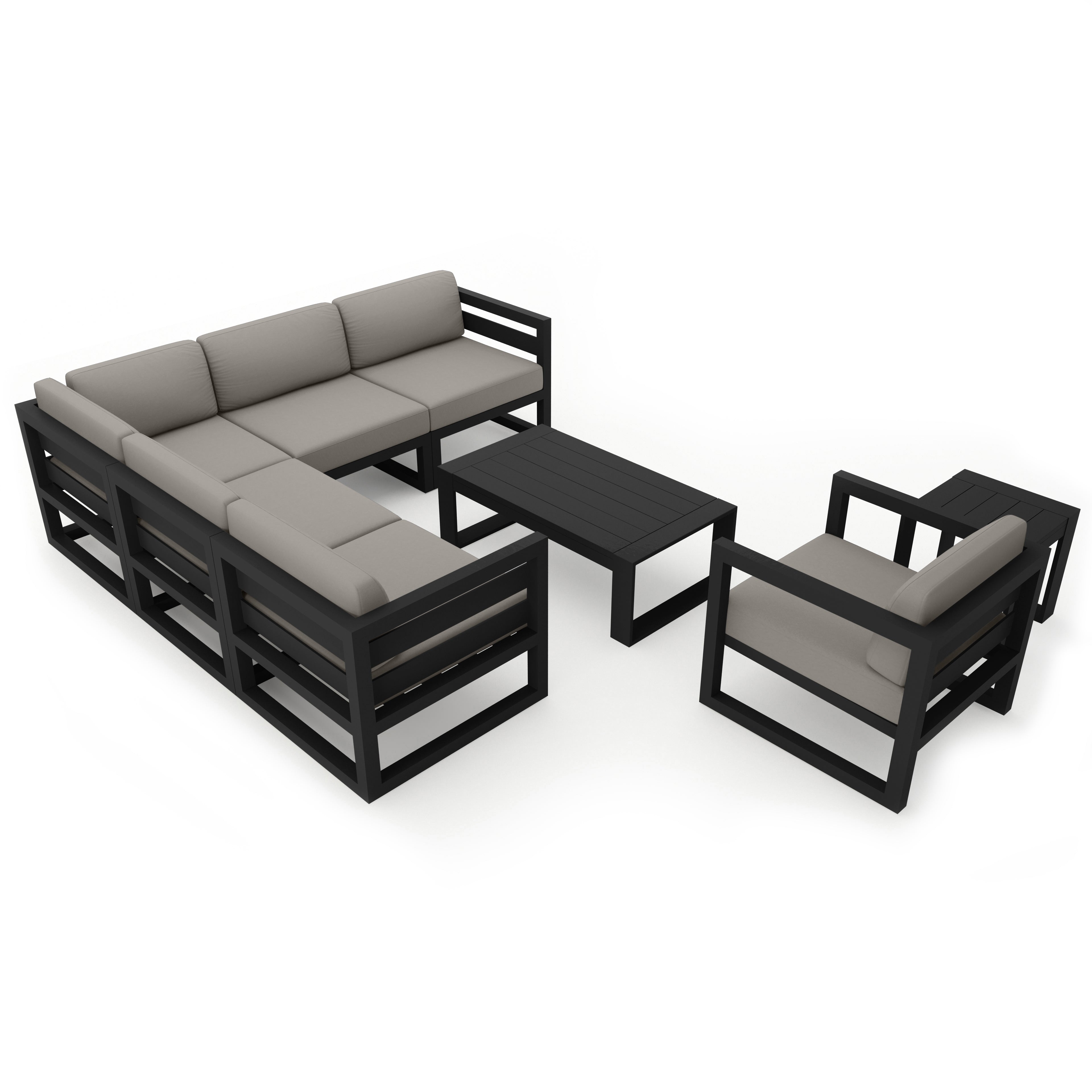 Avion 8 Piece Aluminum Sectional Set#Finish_Black#Fabric_Canvas Charcoal