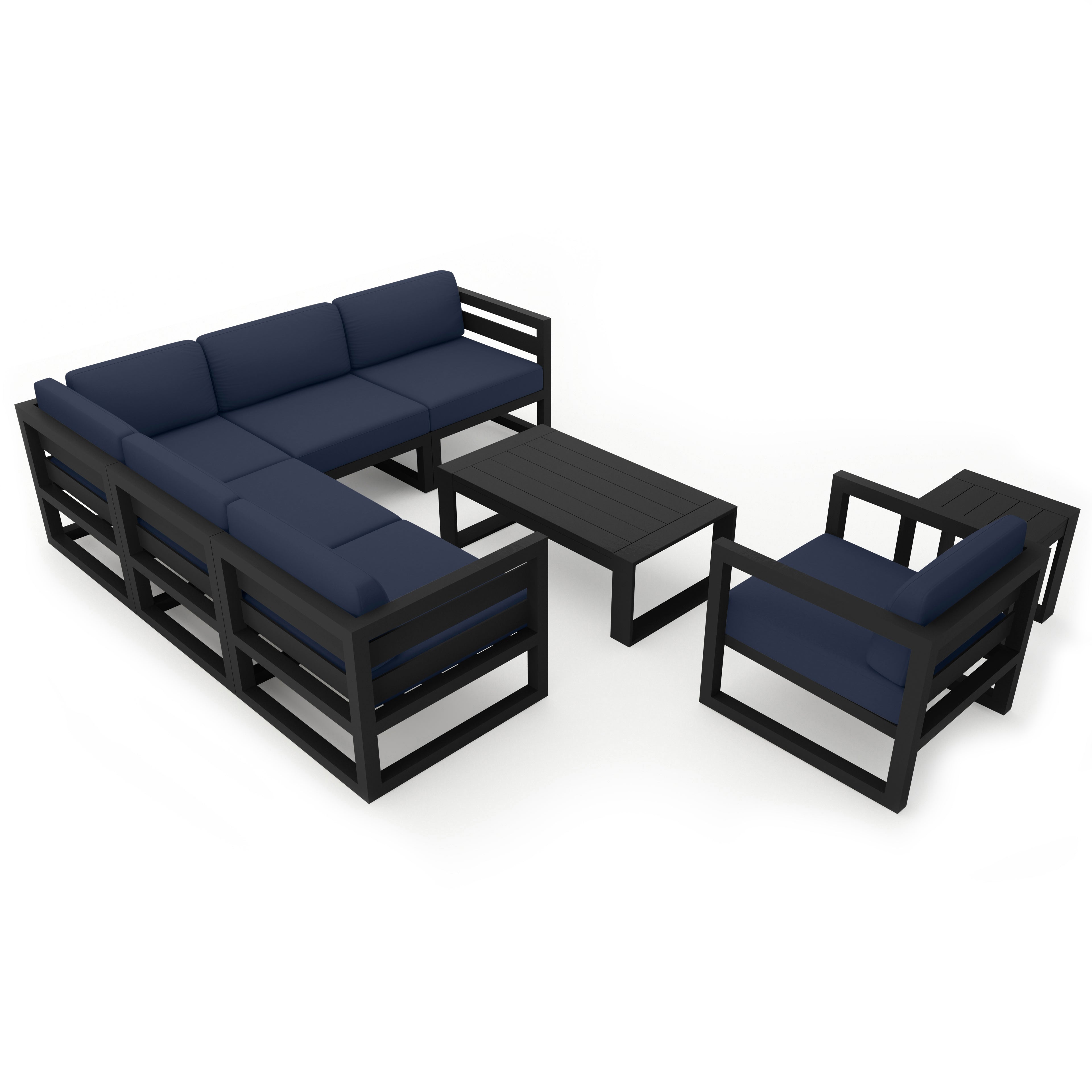 Avion 8 Piece Aluminum Sectional Set#Finish_Black#Fabric_Spectrum Indigo