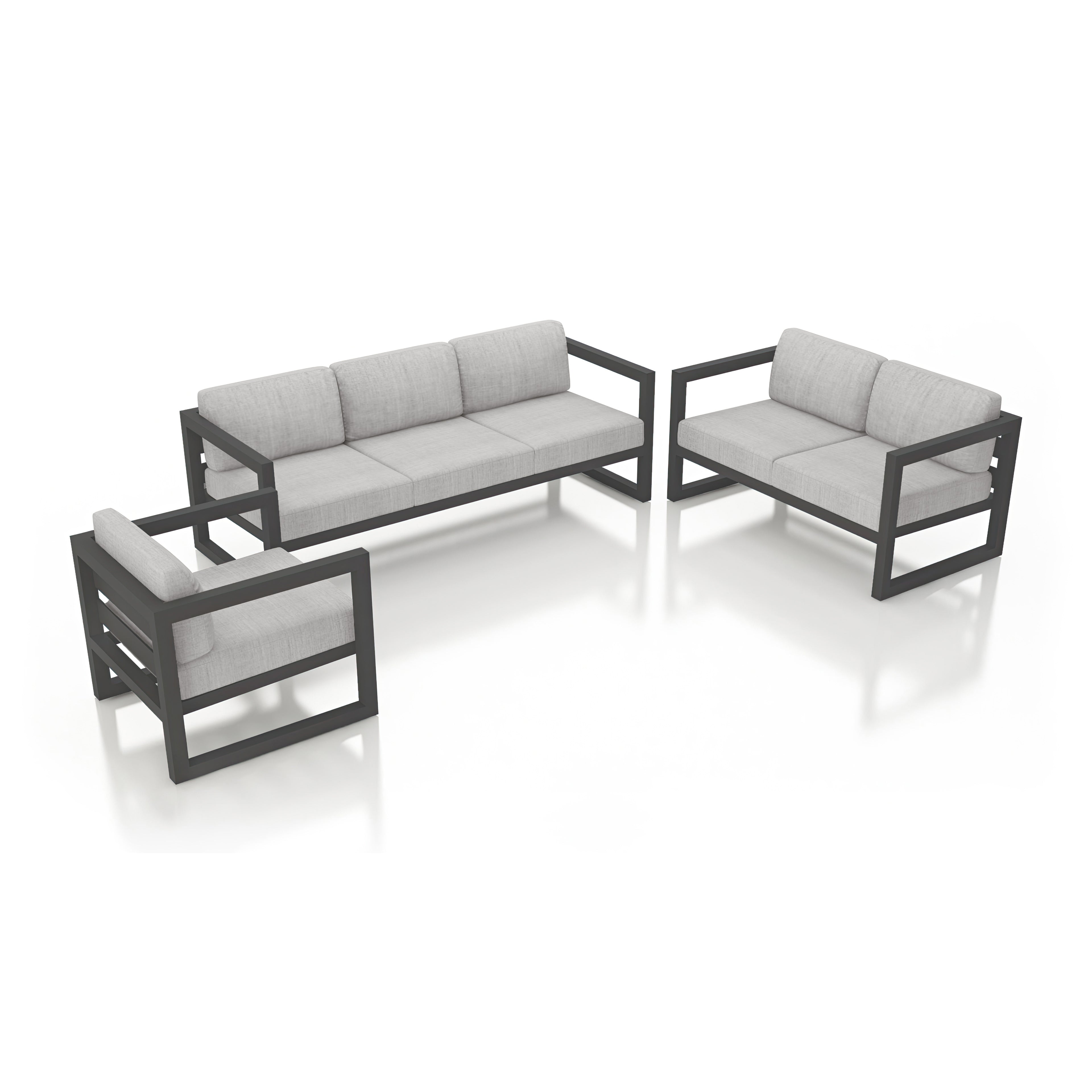 Avion 3 Piece Aluminum Sofa Loveseat Set#Finish_Slate#Fabric_Cast Silver