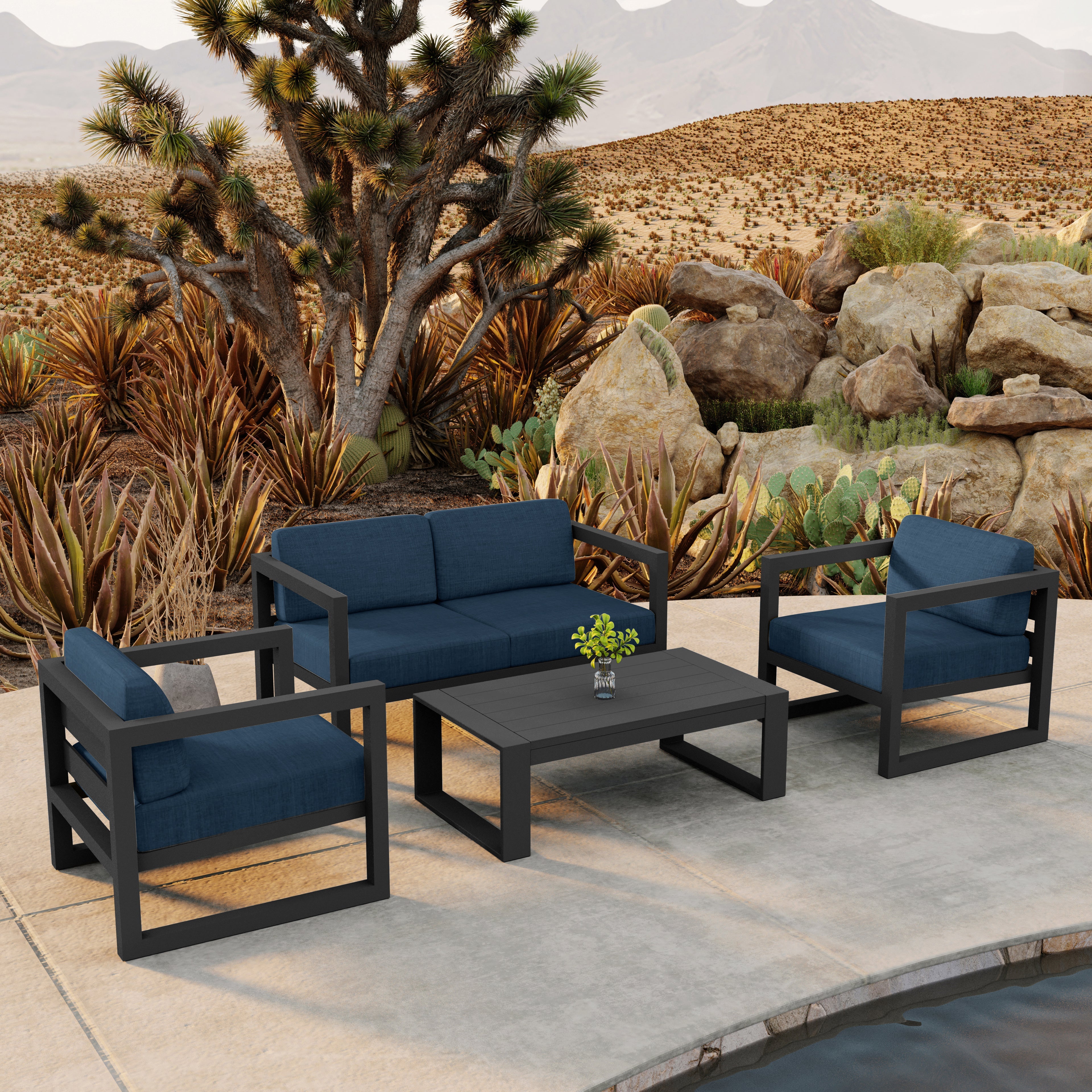 Avion 4 Piece Aluminum Loveseat Set#Finish_Slate#Fabric_Spectrum Indigo