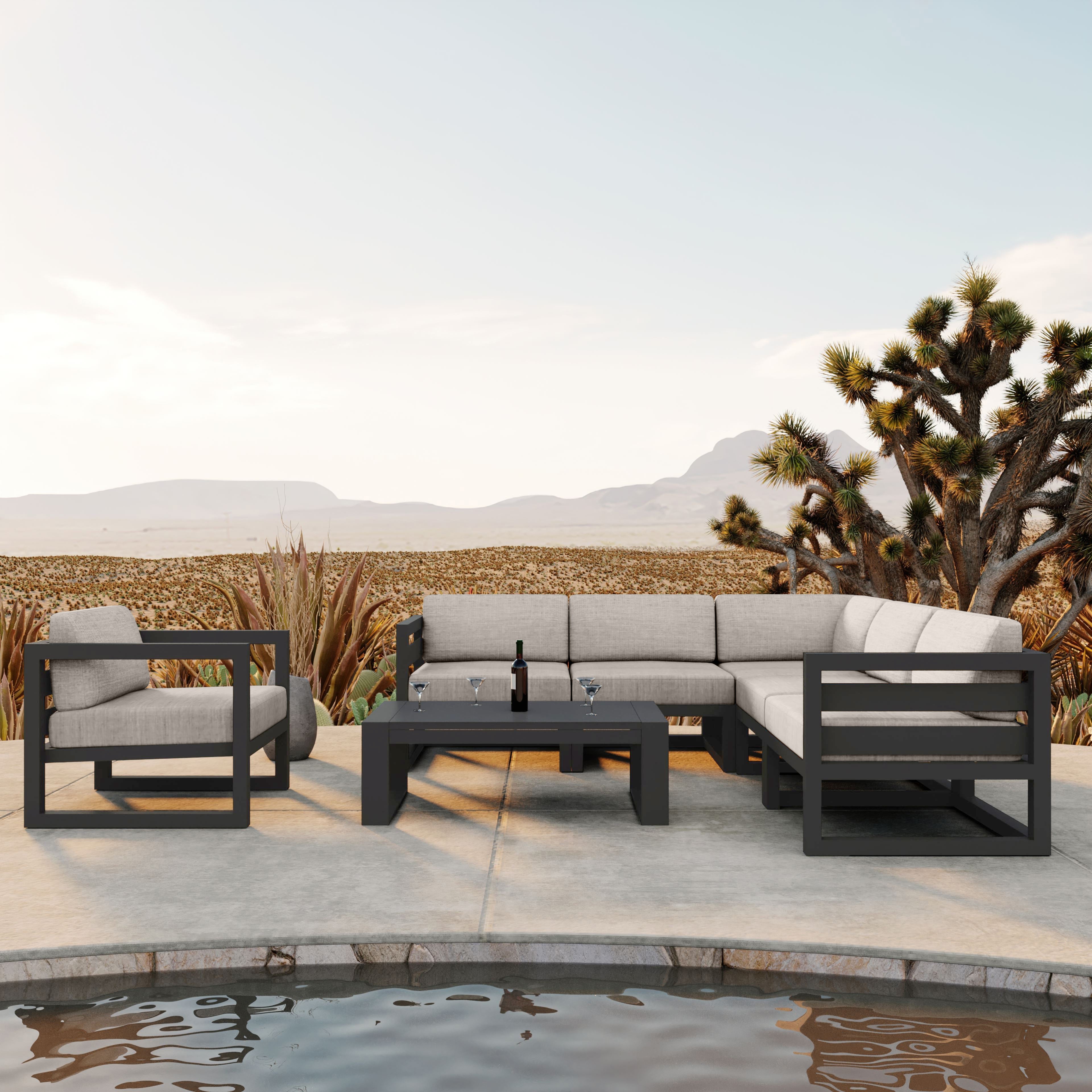 Avion 7 Piece Aluminum Sectional Set#Finish_Slate#Fabric_Cast Silver