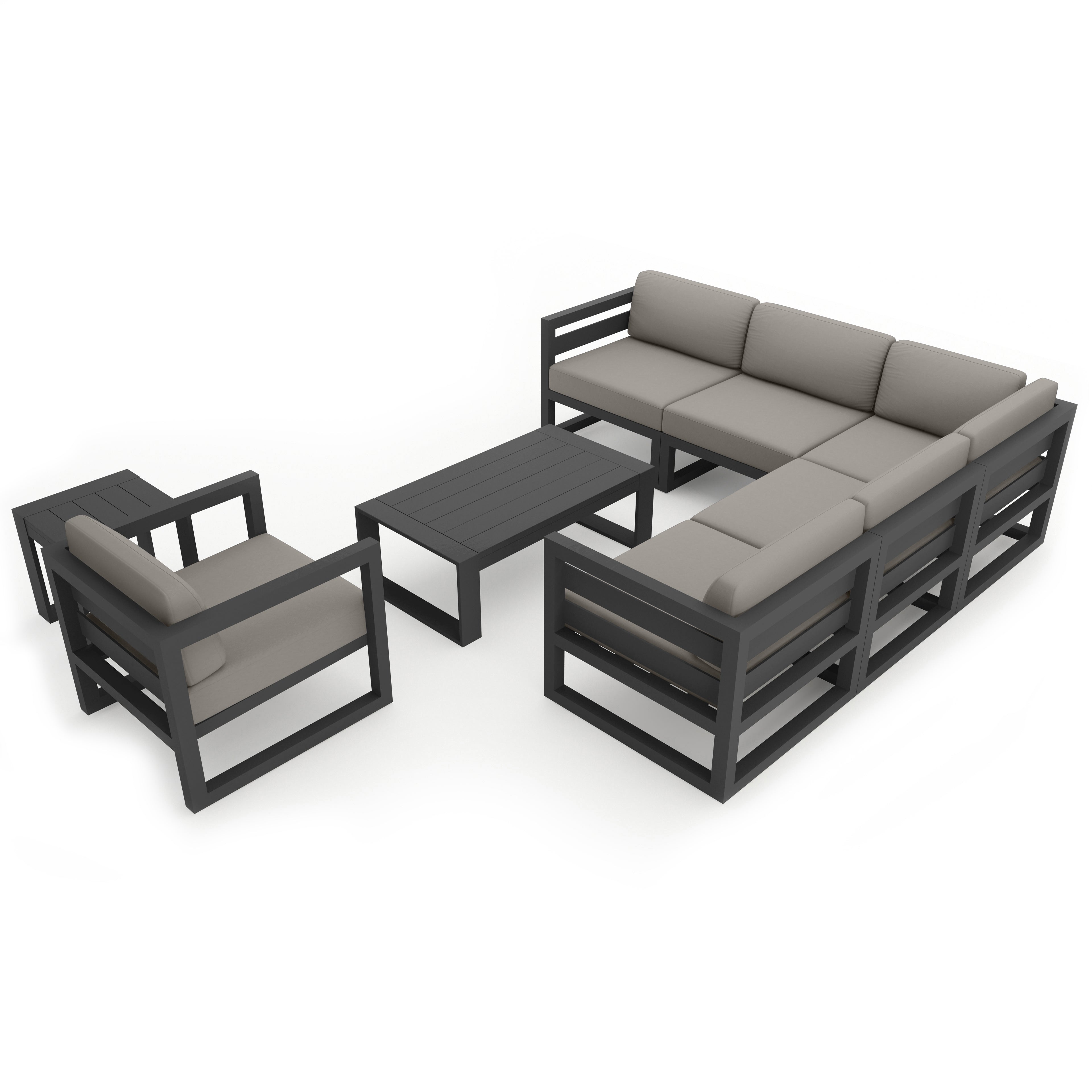 Avion 8 Piece Aluminum Sectional Set#Finish_Slate#Fabric_Canvas Charcoal
