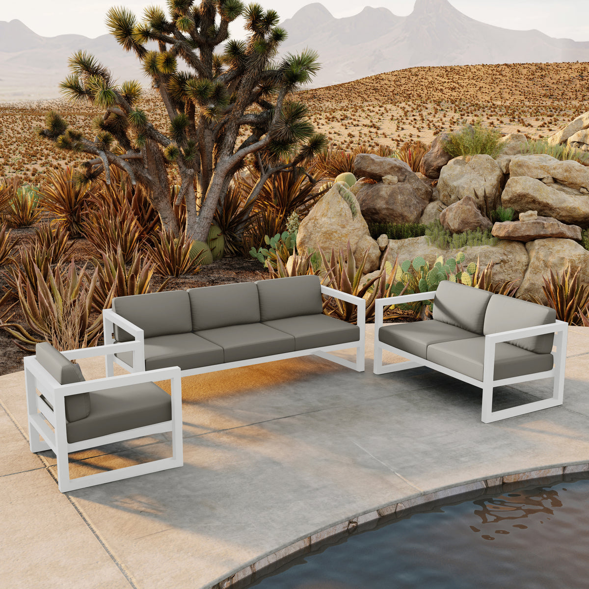 Avion 3 Piece Aluminum Sofa Loveseat Set#Finish_White#Fabric_Canvas Charcoal