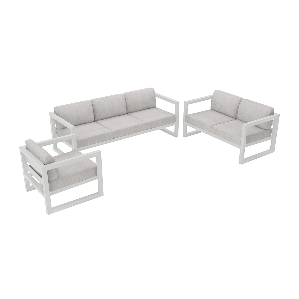 Avion 3 Piece Aluminum Sofa Loveseat Set#Finish_White#Fabric_Cast Silver