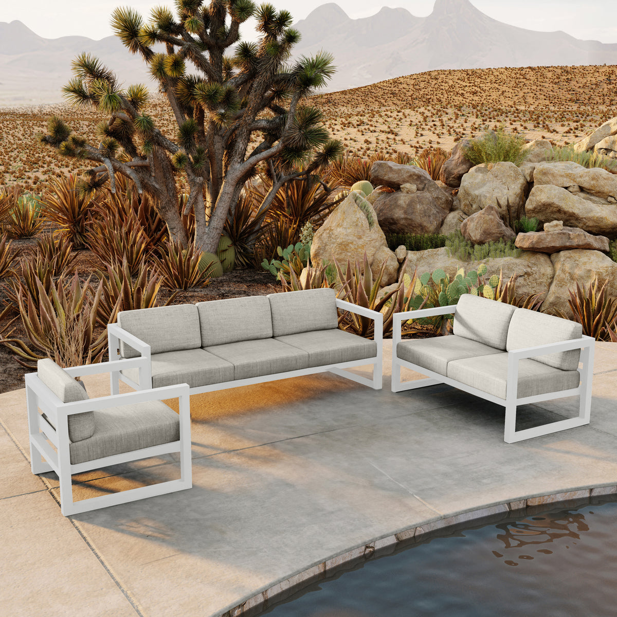 Avion 3 Piece Aluminum Sofa Loveseat Set#Finish_White#Fabric_Cast Silver