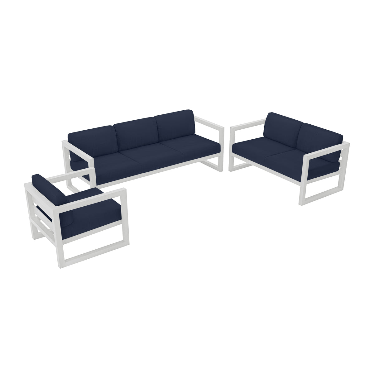 Avion 3 Piece Aluminum Sofa Loveseat Set#Finish_White#Fabric_Spectrum Indigo