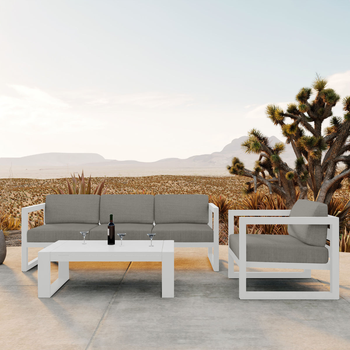 Avion 3 Piece Aluminum Sofa Set#Finish_White#Fabric_Canvas Charcoal