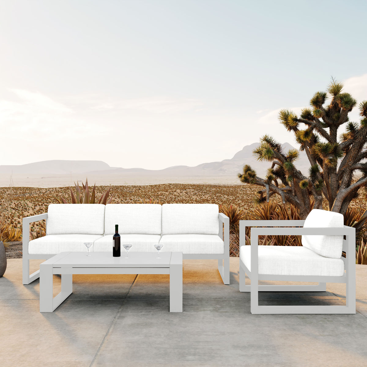 Avion 3 Piece Aluminum Sofa Set#Finish_White#Fabric_Canvas Natural