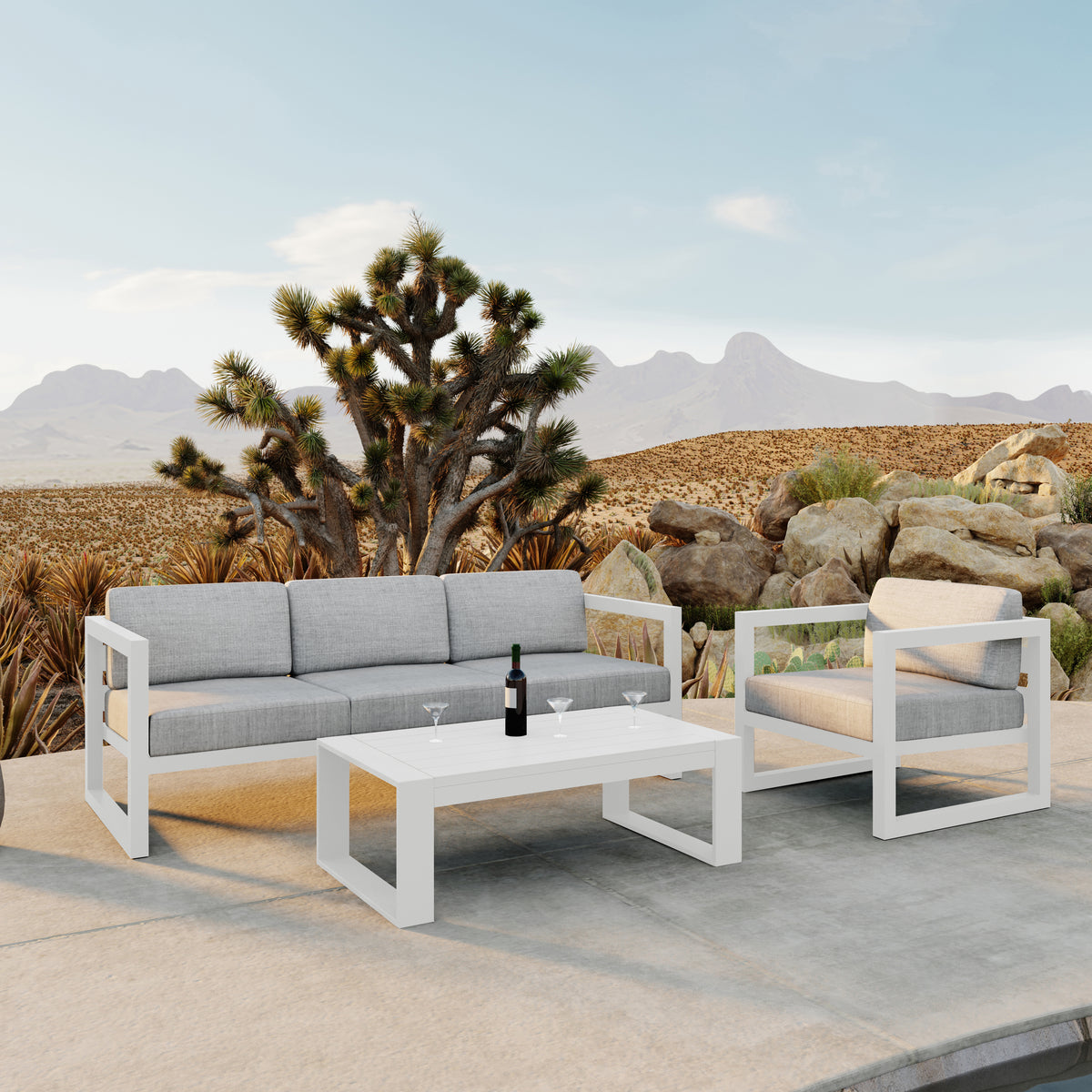 Avion 3 Piece Aluminum Sofa Set#Finish_White#Fabric_Cast Silver
