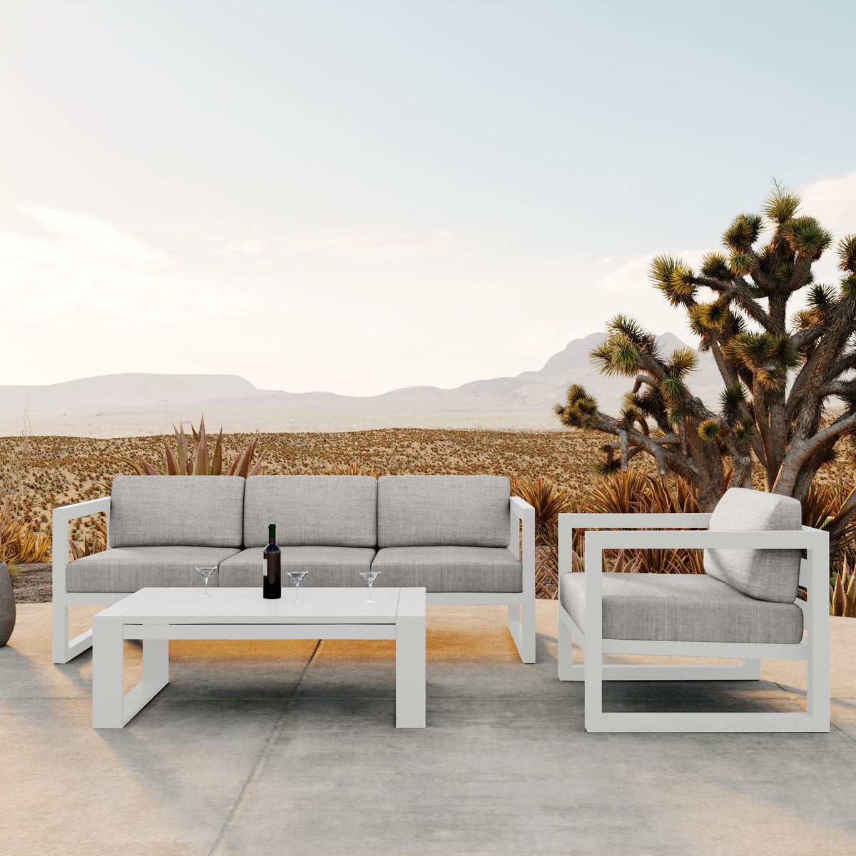 Avion 3 Piece Aluminum Sofa Set#Finish_White#Fabric_Cast Silver