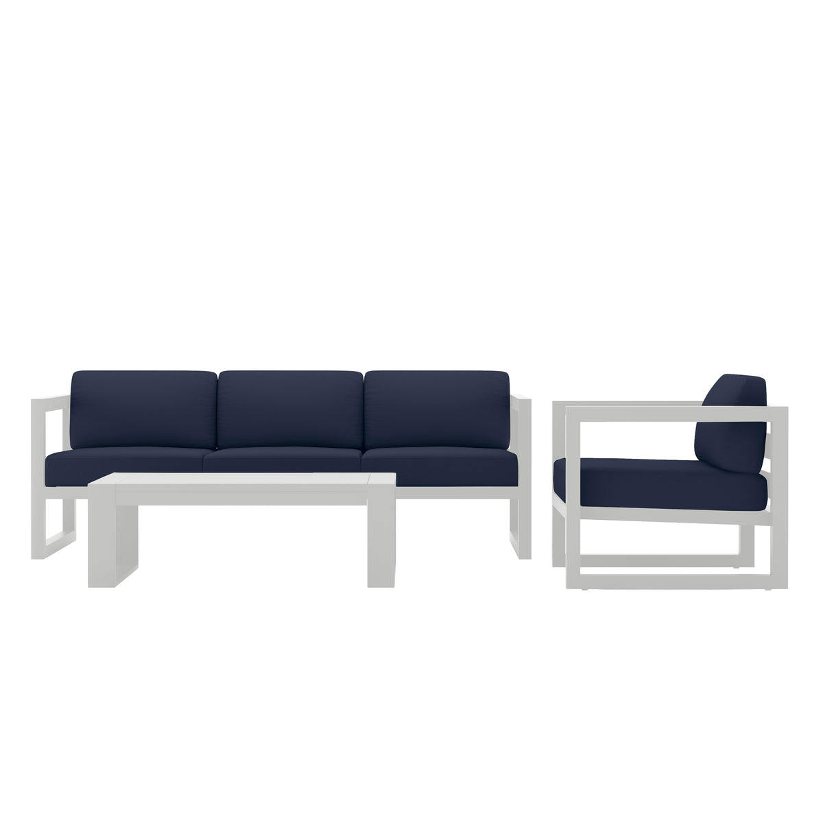 Avion 3 Piece Aluminum Sofa Set#Finish_White#Fabric_Spectrum Indigo