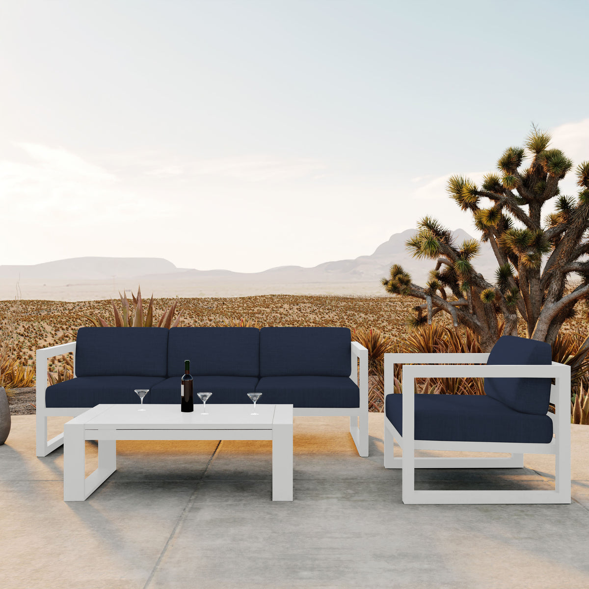 Avion 3 Piece Aluminum Sofa Set#Finish_White#Fabric_Spectrum Indigo