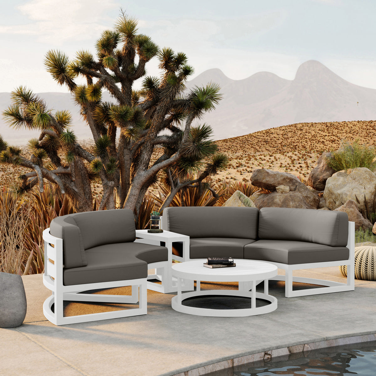 Avion 4 Piece Aluminum Curve Sectional Set#Finish_White#Fabric_Canvas Charcoal