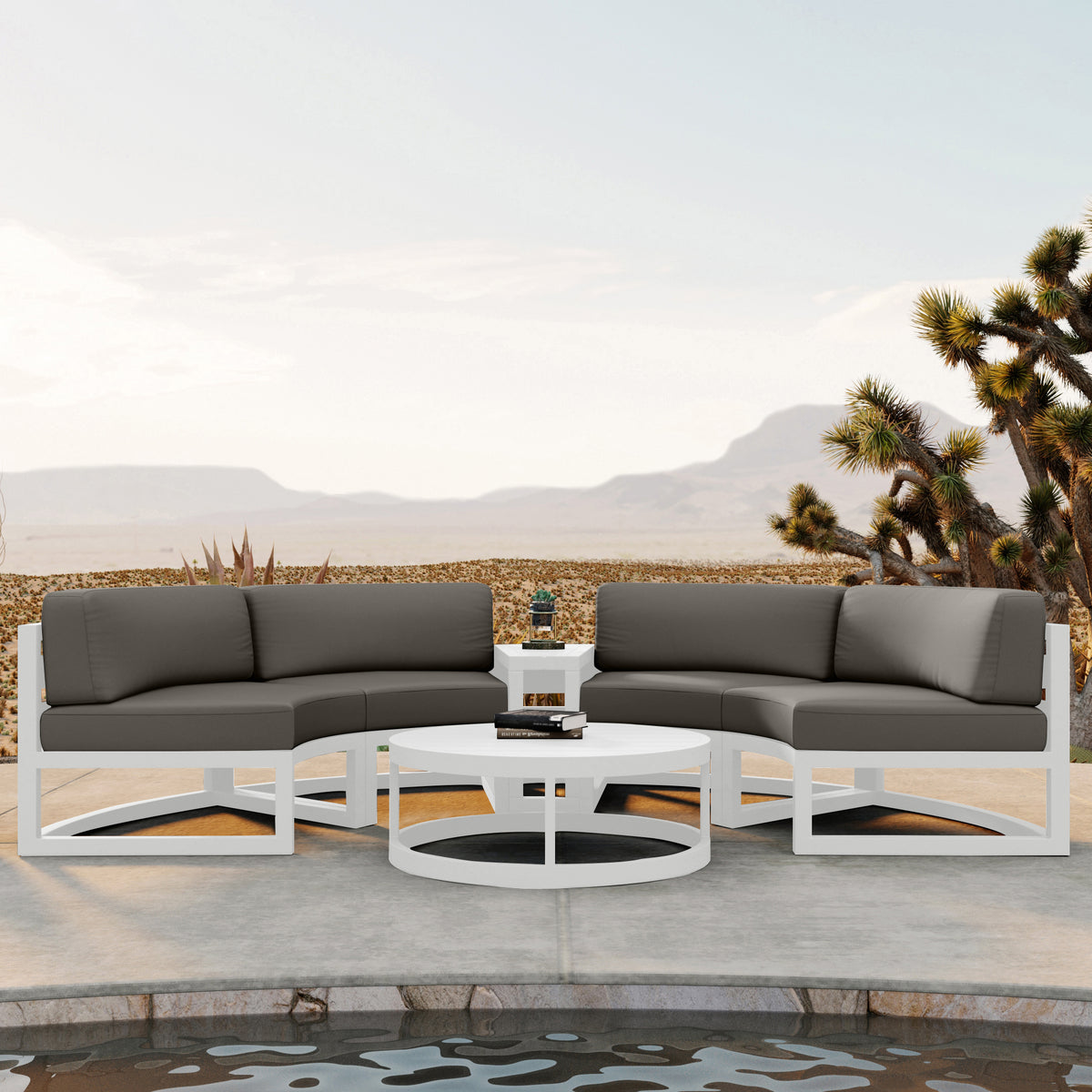 Avion 4 Piece Aluminum Curve Sectional Set#Finish_White#Fabric_Canvas Charcoal