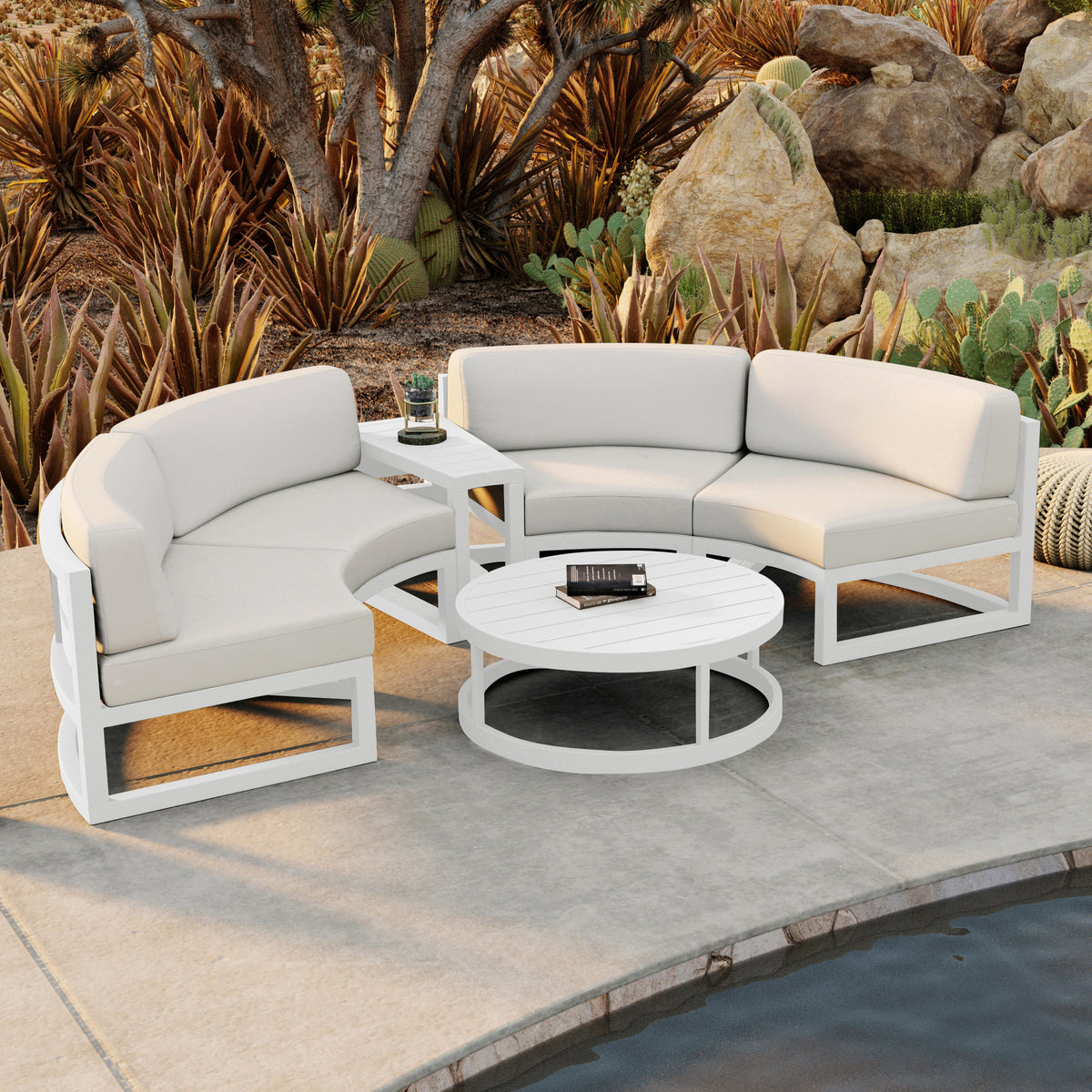 Avion 4 Piece Aluminum Curve Sectional Set#Finish_White#Fabric_Canvas Natural