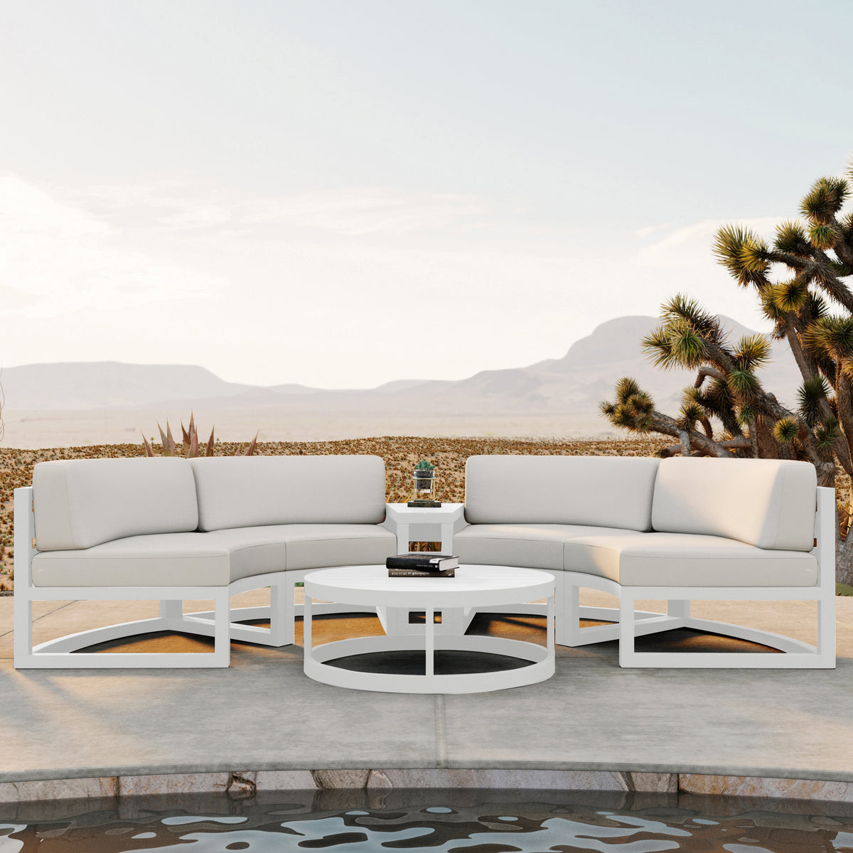 Avion 4 Piece Aluminum Curve Sectional Set#Finish_White#Fabric_Canvas Natural