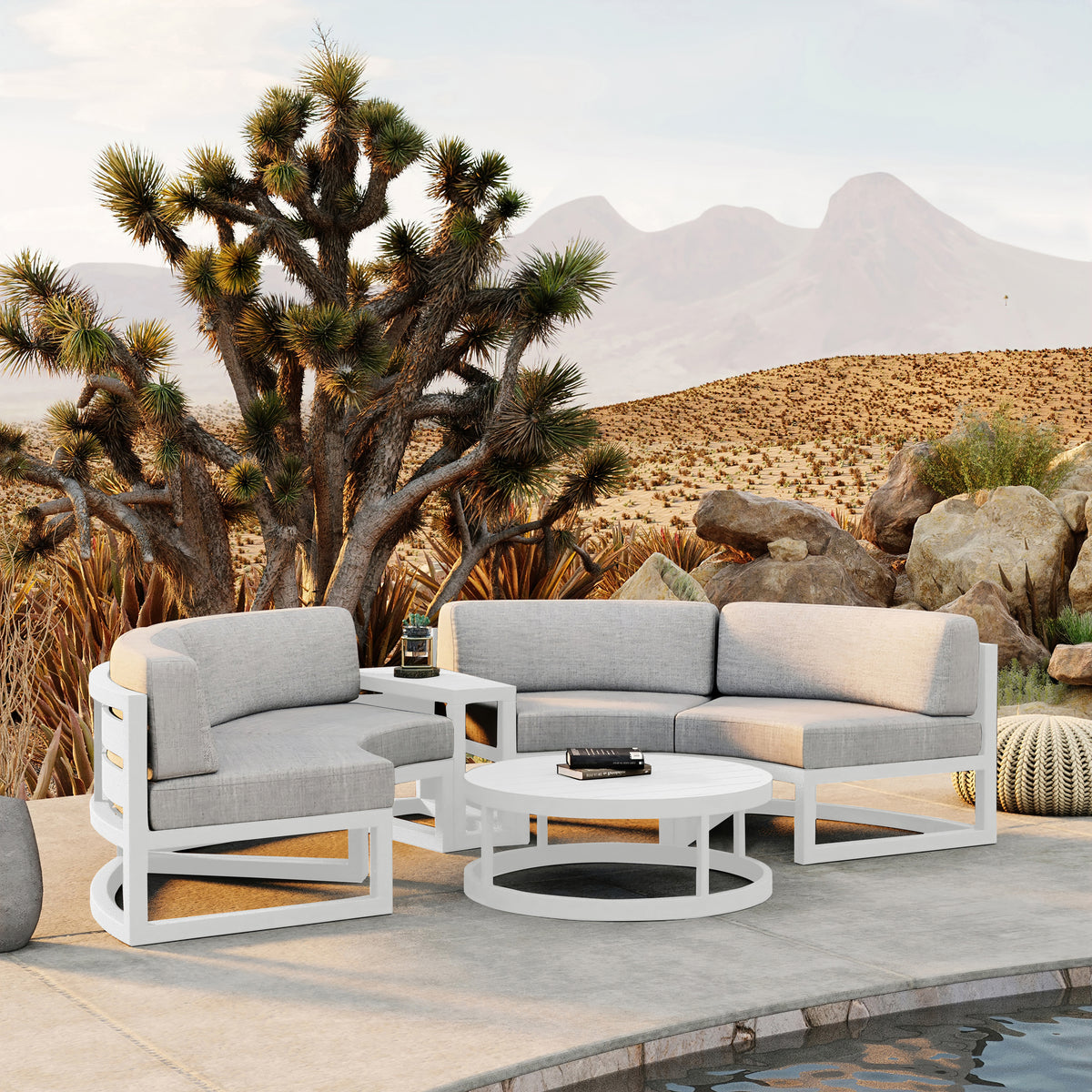 Avion 4 Piece Aluminum Curve Sectional Set#Finish_White#Fabric_Cast Silver