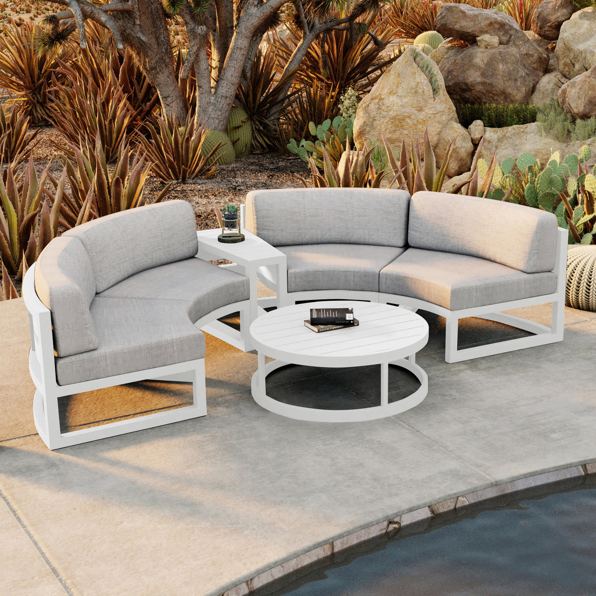 Avion 4 Piece Aluminum Curve Sectional Set#Finish_White#Fabric_Cast Silver