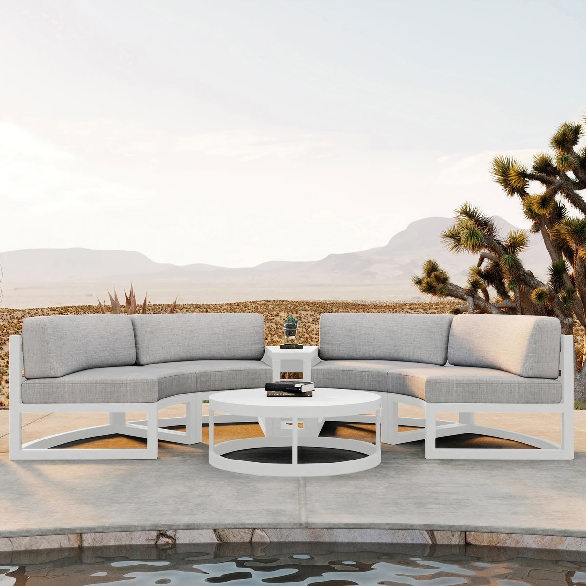 Avion 4 Piece Aluminum Curve Sectional Set#Finish_White#Fabric_Cast Silver