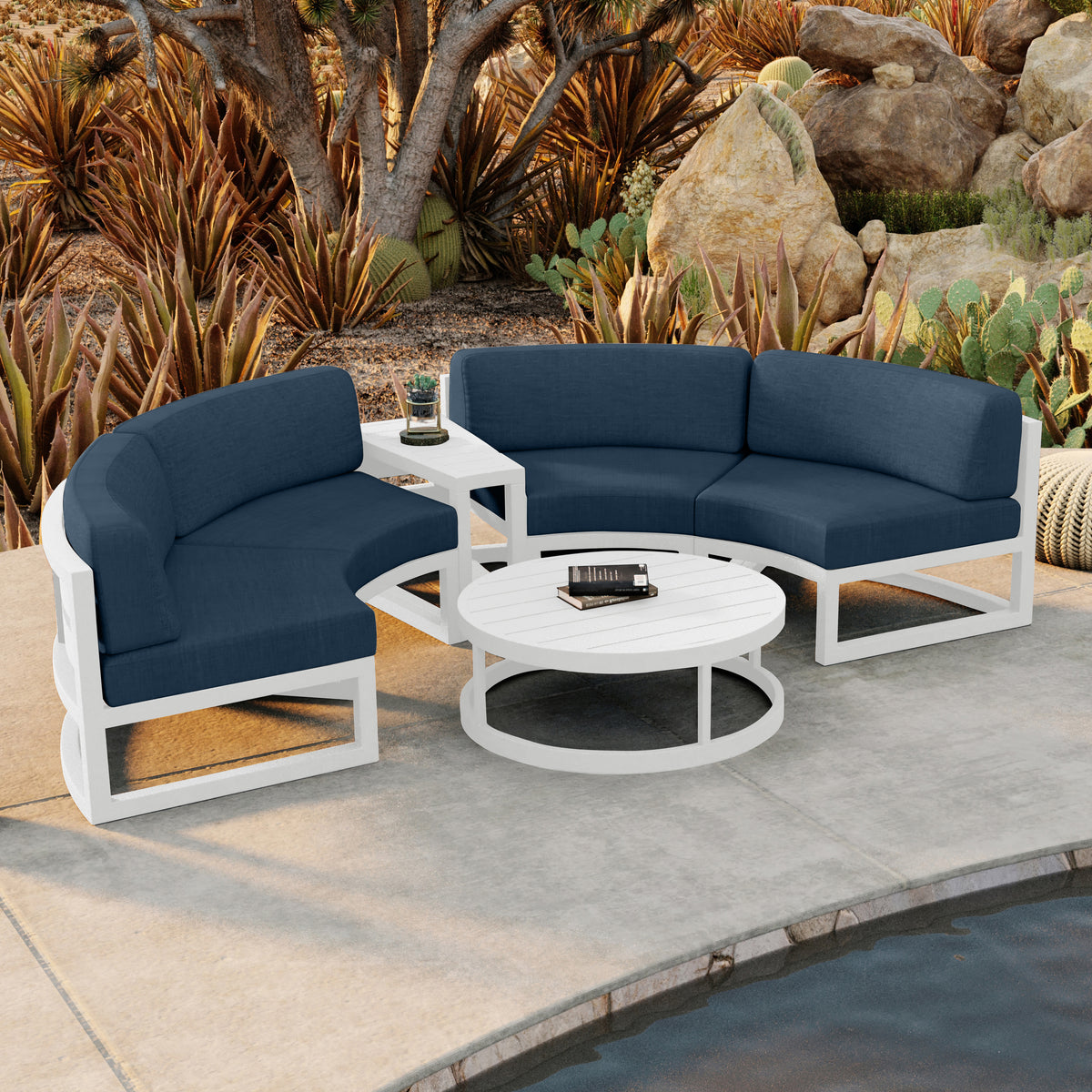 Avion 4 Piece Aluminum Curve Sectional Set#Finish_White#Fabric_Spectrum Indigo