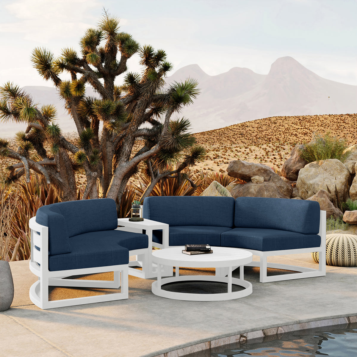 Avion 4 Piece Aluminum Curve Sectional Set#Finish_White#Fabric_Spectrum Indigo