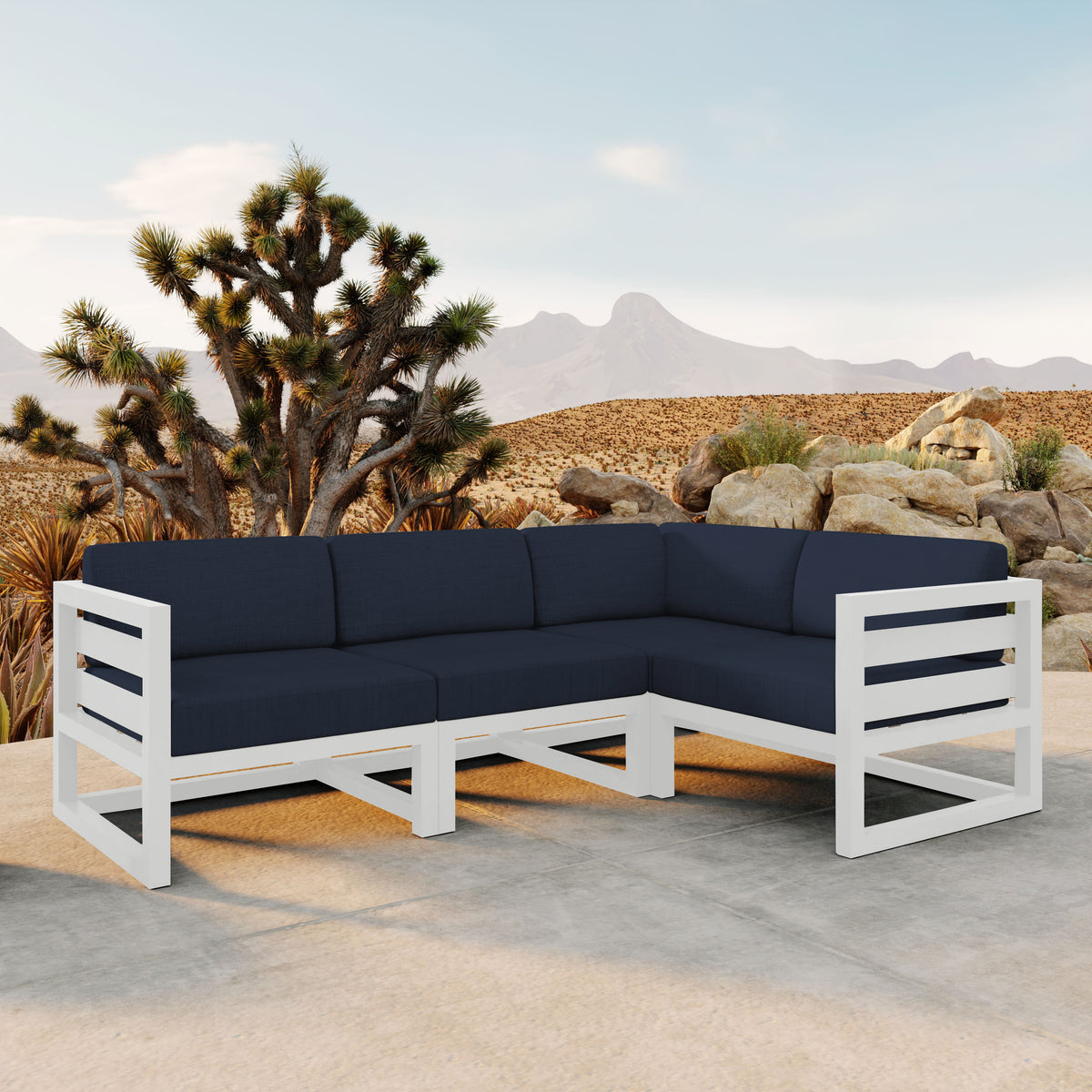 Avion 4 Piece Aluminum Sectional Set#Finish_White#Fabric_Spectrum Indigo