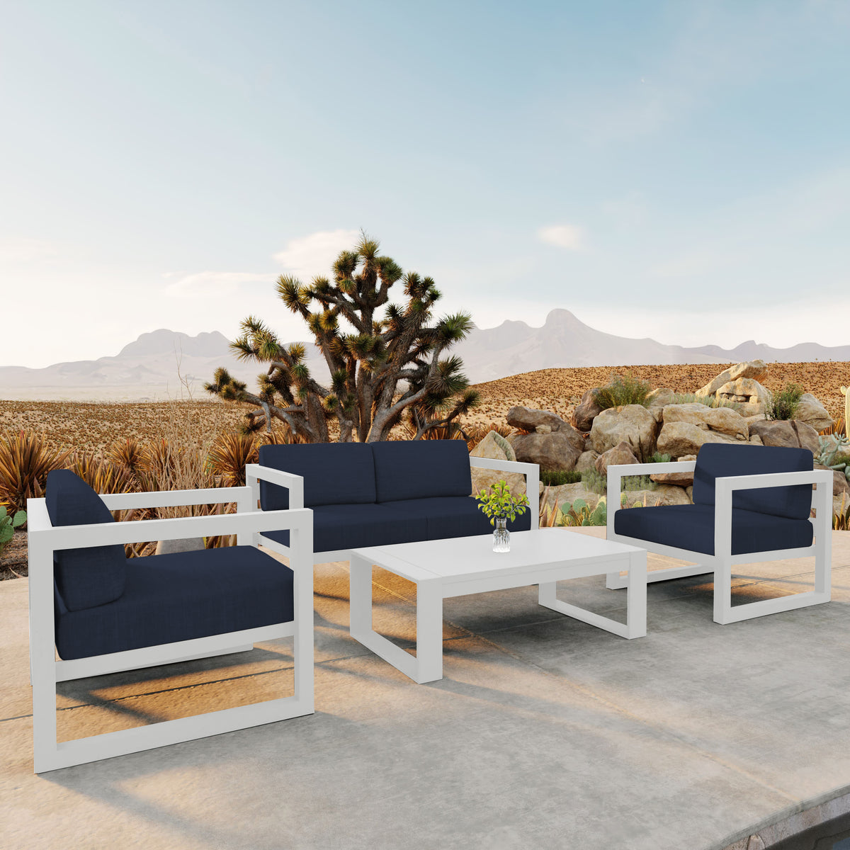 Avion 4 Piece Aluminum Loveseat Set#Finish_White#Fabric_Spectrum Indigo