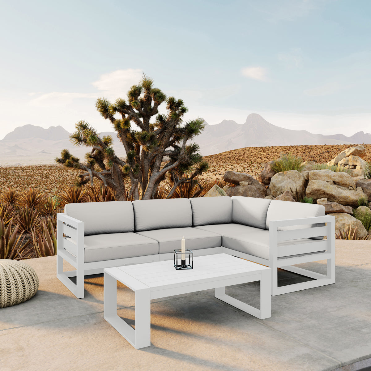 Avion 5 Piece Aluminum Sectional Set#Finish_White#Fabric_Canvas Natural