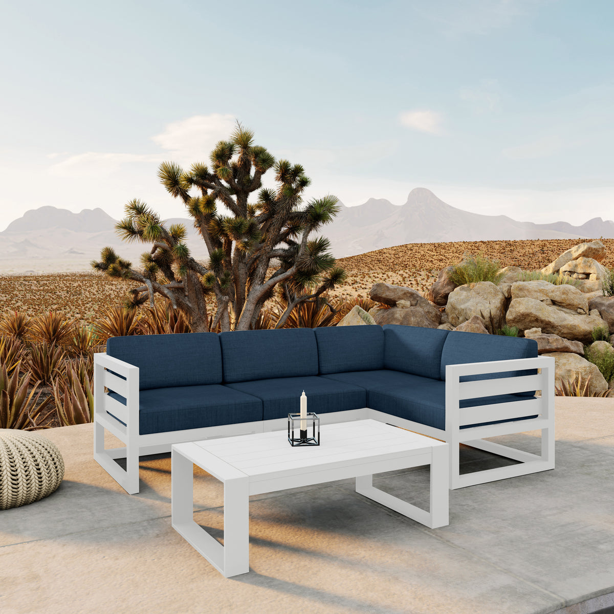 Avion 5 Piece Aluminum Sectional Set#Finish_White#Fabric_Spectrum Indigo
