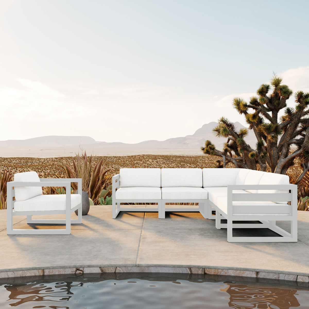 Avion 6 Piece Aluminum Sectional Set#Finish_White#Fabric_Canvas Natural