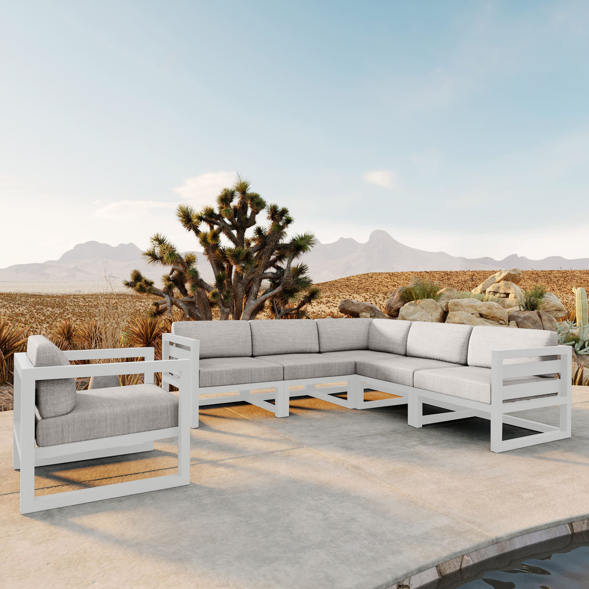 Avion 6 Piece Aluminum Sectional Set#Finish_White#Fabric_Cast Silver