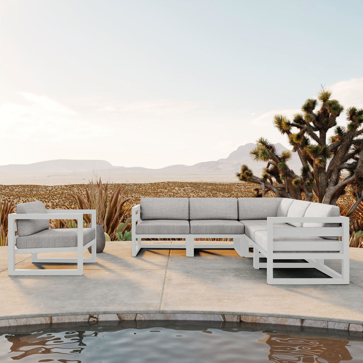 Avion 6 Piece Aluminum Sectional Set#Finish_White#Fabric_Cast Silver