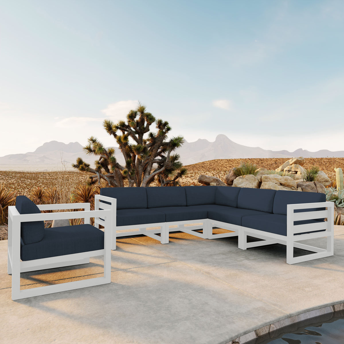 Avion 6 Piece Aluminum Sectional Set#Finish_White#Fabric_Spectrum Indigo