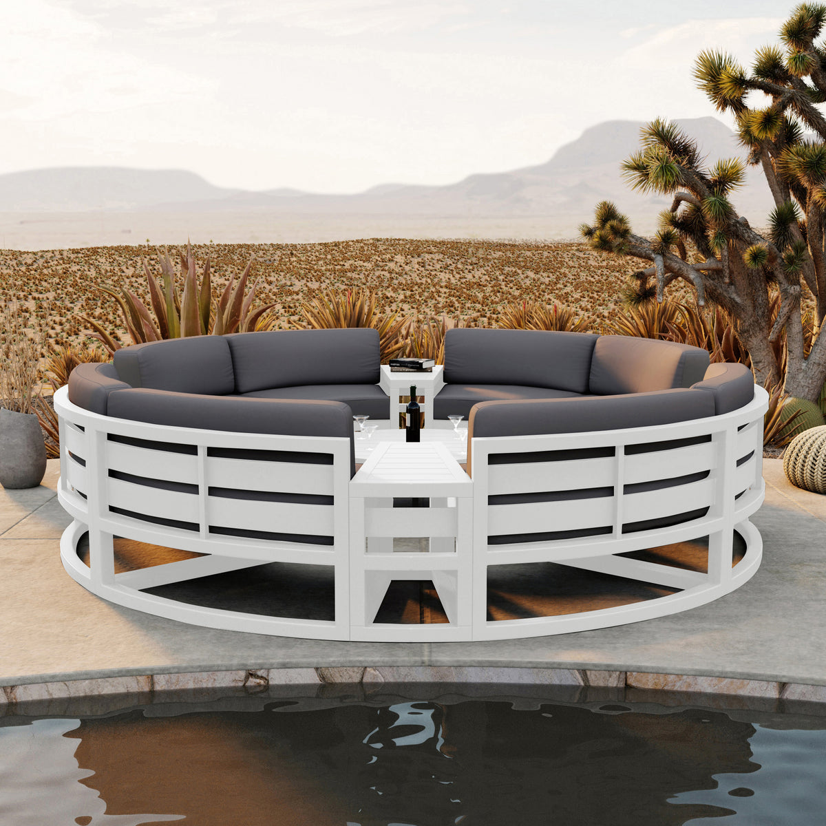 Avion 7 Piece Aluminum Curve Sectional Set#Finish_White#Fabric_Canvas Charcoal
