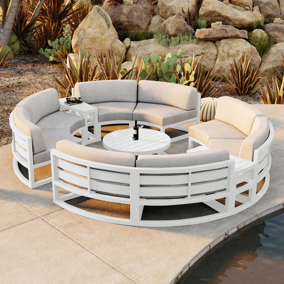 Avion 7 Piece Aluminum Curve Sectional Set#Finish_White#Fabric_Cast Silver