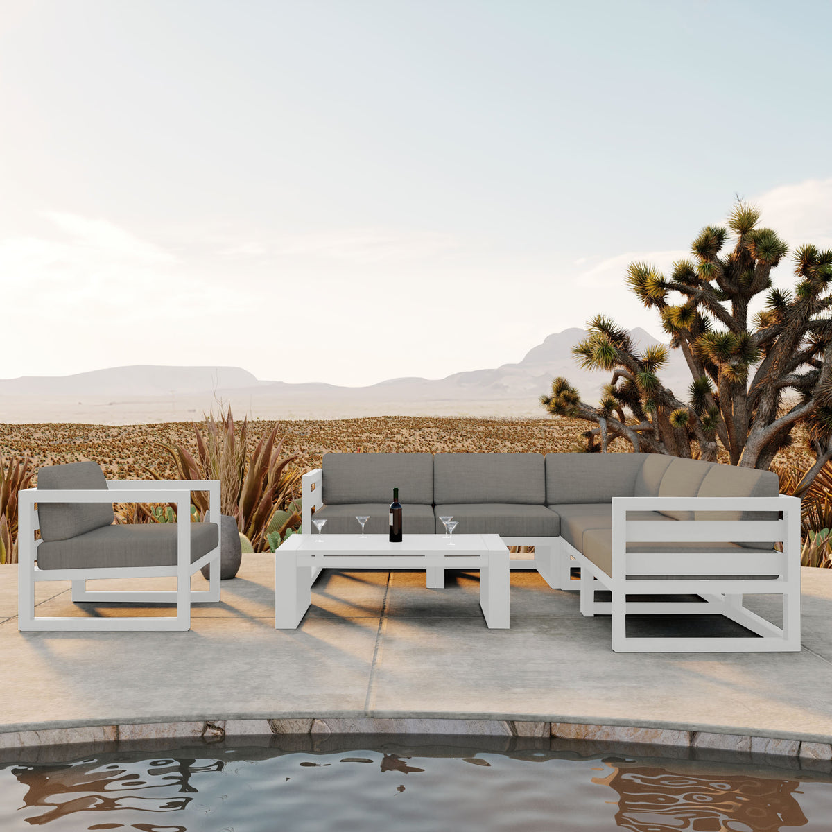Avion 7 Piece Aluminum Sectional Set#Finish_White#Fabric_Canvas Charcoal