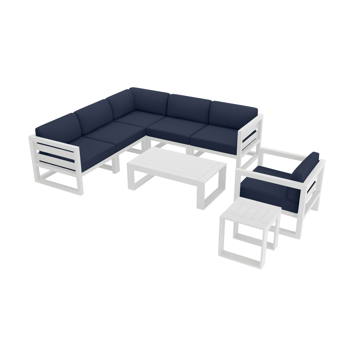 Avion 8 Piece Aluminum Sectional Set#Finish_White#Fabric_Spectrum Indigo