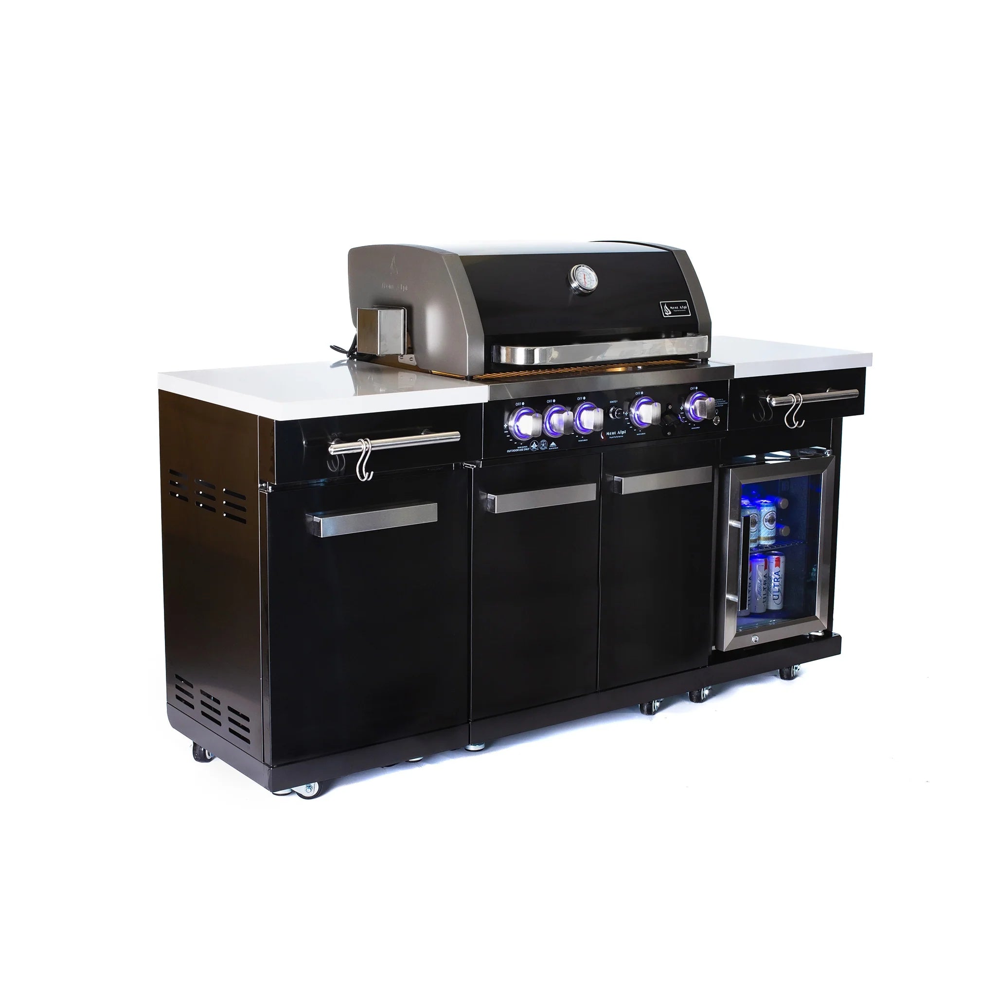 Compact 6 ft. Black Stainless Steel 4-Burner Outdoor Kitchen Island with Refrigerator