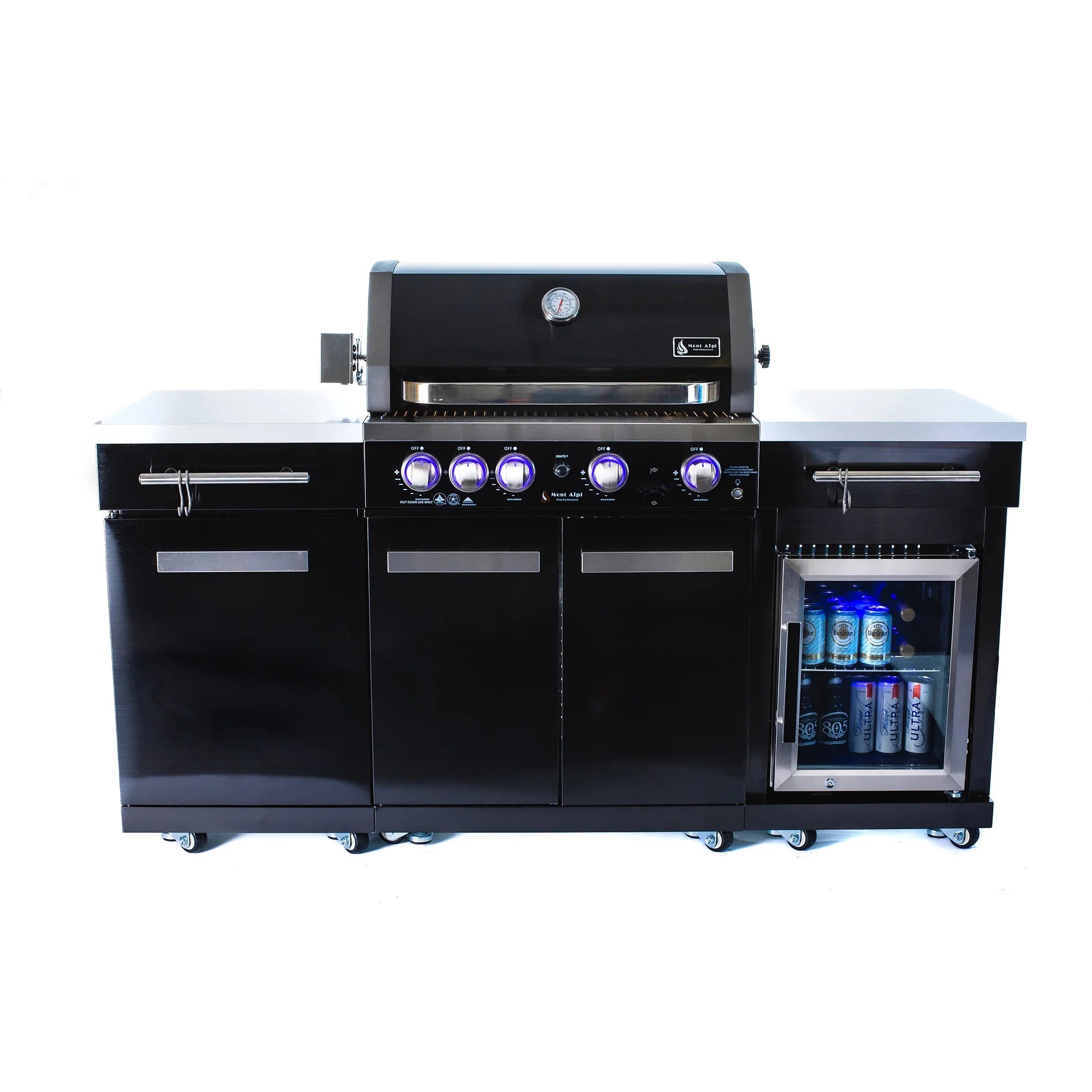 Compact 6 ft. Black Stainless Steel 4-Burner Outdoor Kitchen Island with Refrigerator