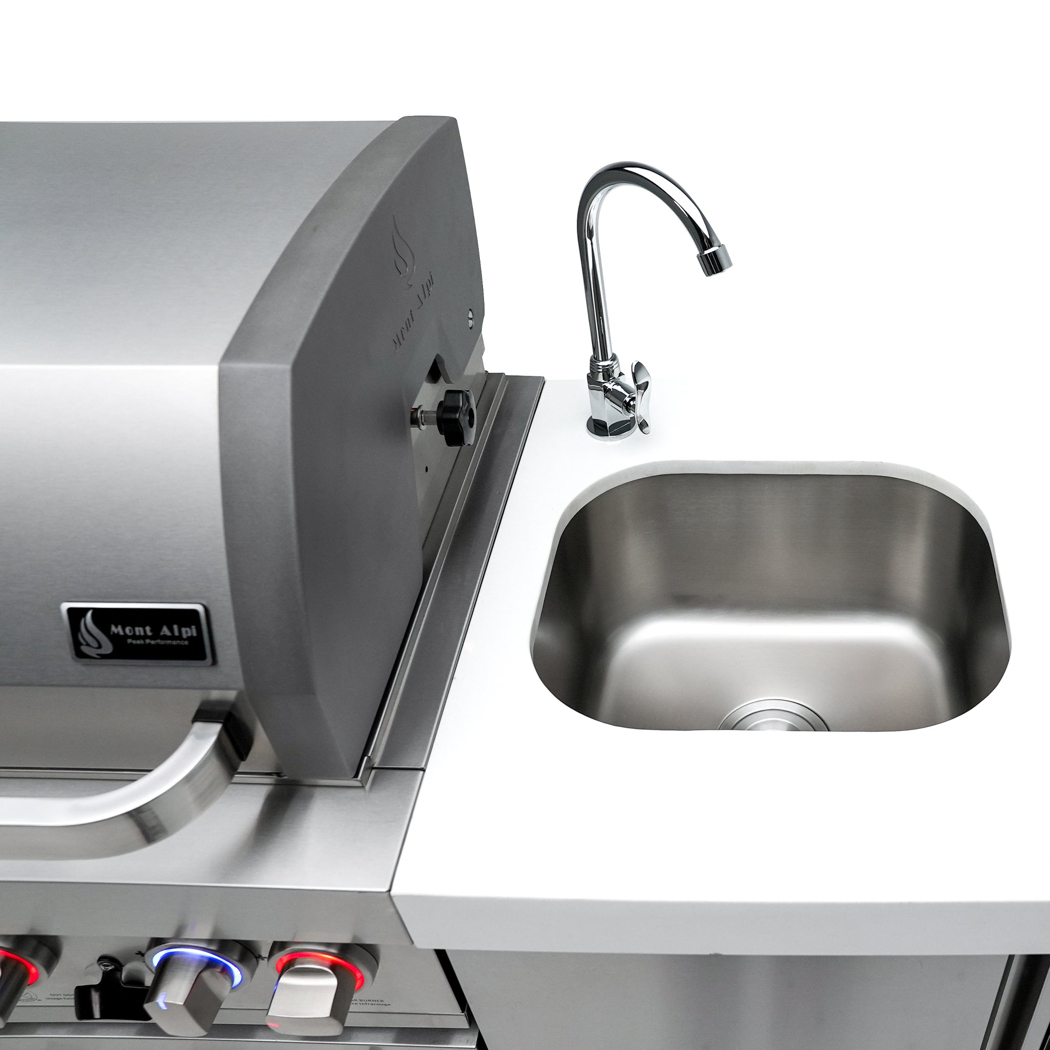 400 Deluxe 10.5 ft. Stainless Steel 4-Burner Outdoor Kitchen Island with 90-Degree Corner and Beverage Center