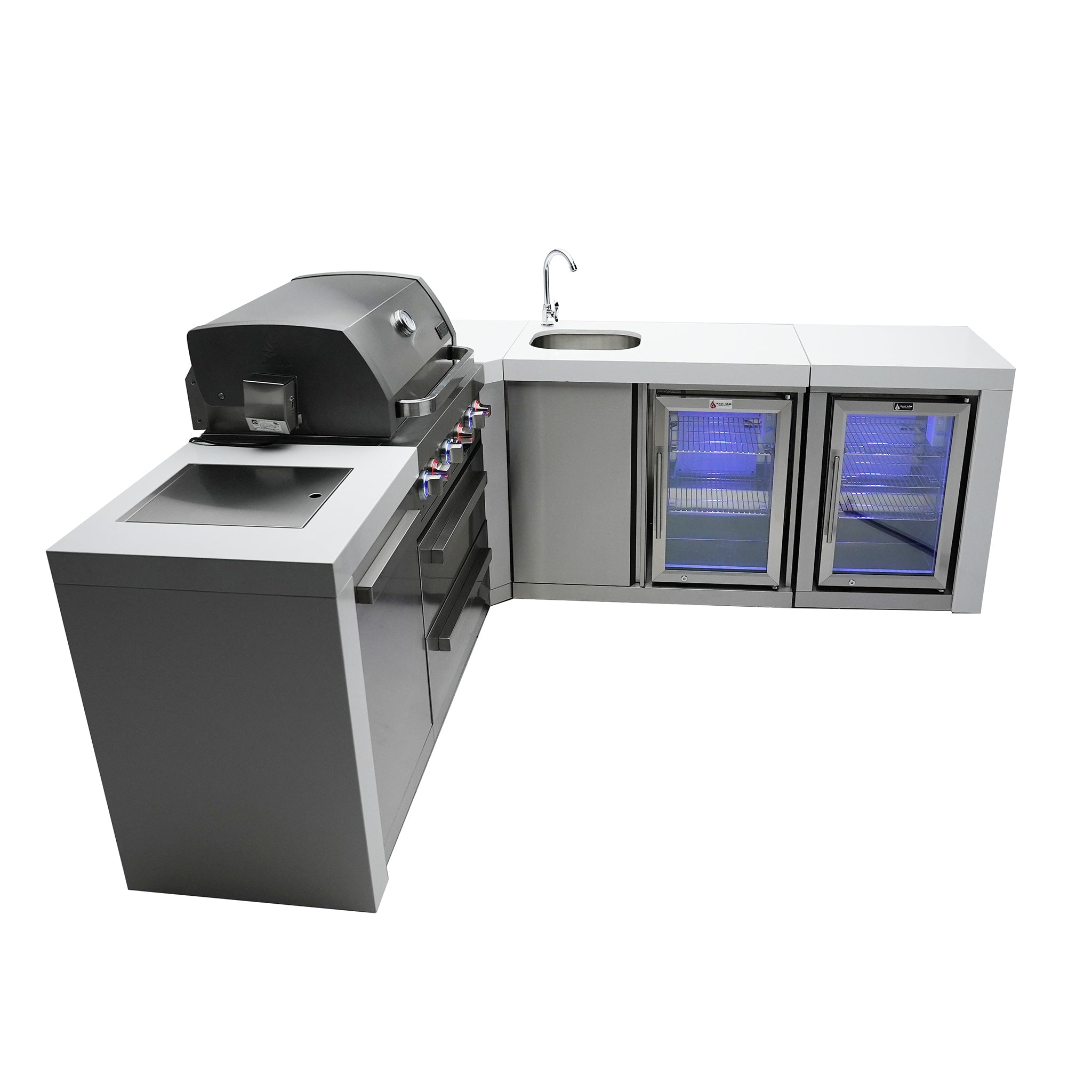 400 Deluxe 10.5 ft. Stainless Steel 4-Burner Outdoor Kitchen Island with 90-Degree Corner Beverage Center and Fridge Cabinet