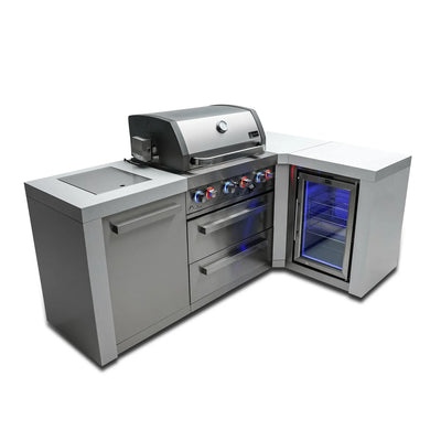 400 Deluxe 7.5 ft. Stainless Steel 4-Burner Outdoor Kitchen Island with 90 Degree Corner and Fridge Cabinet