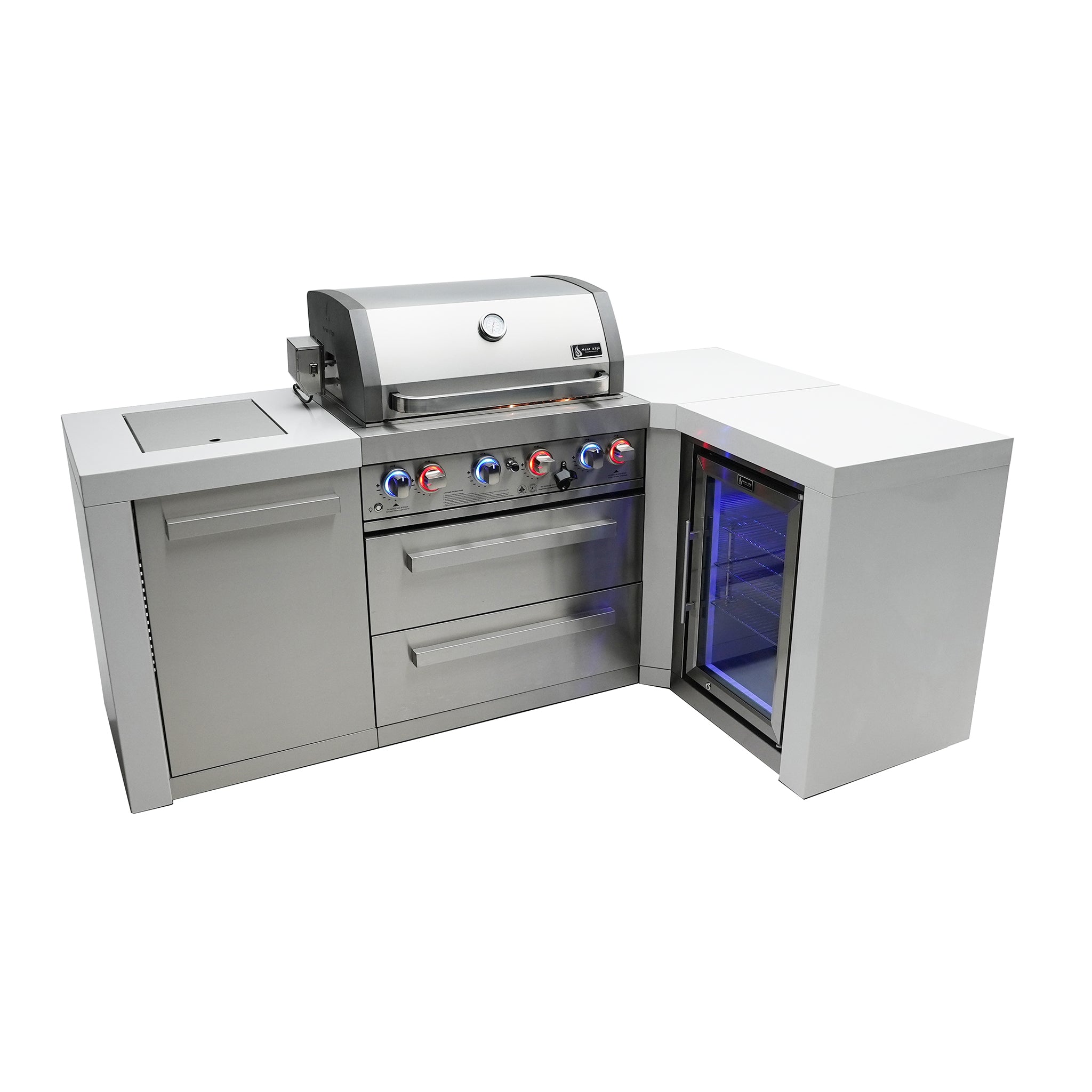 400 Deluxe 7.5 ft. Stainless Steel 4-Burner Outdoor Kitchen Island with 90 Degree Corner and Fridge Cabinet