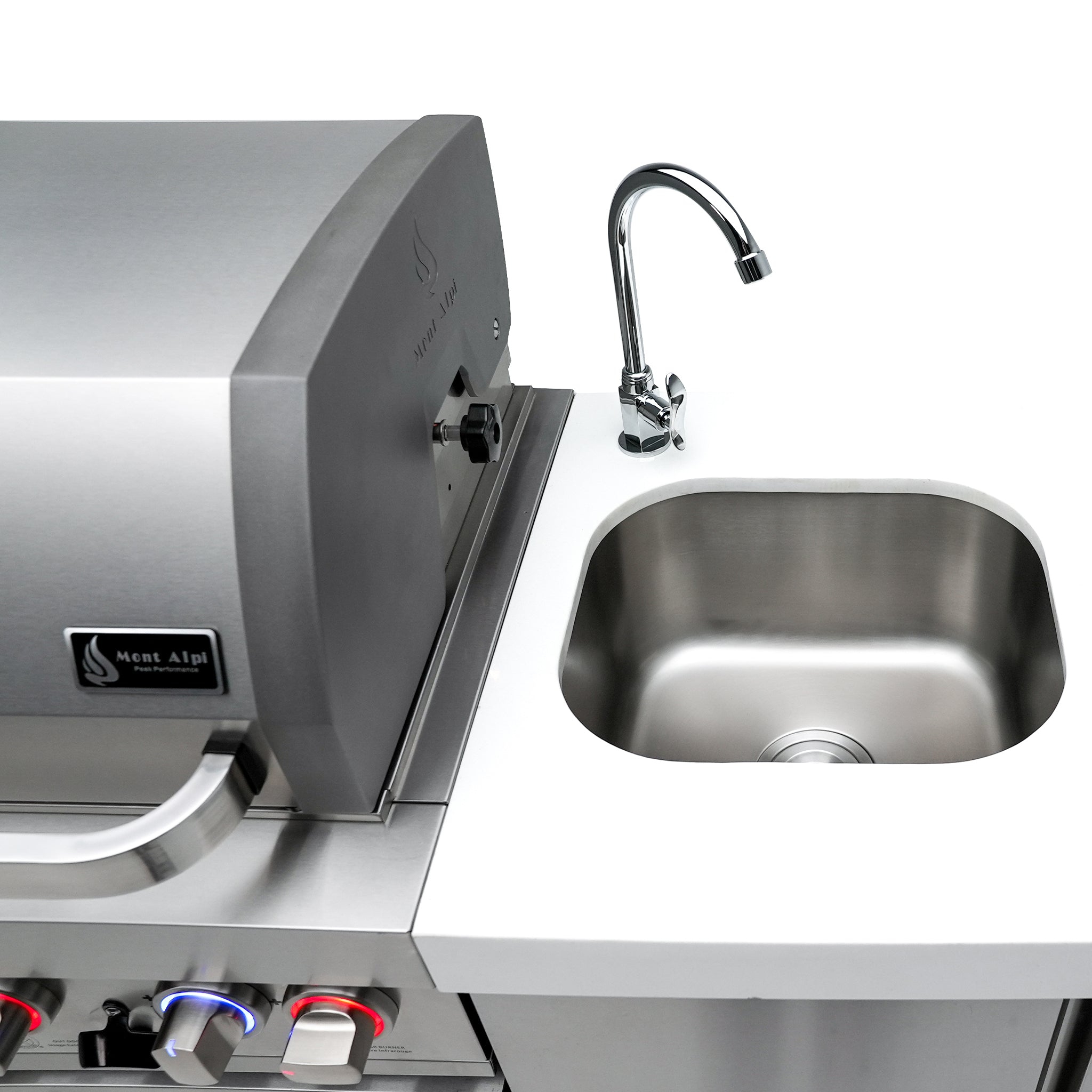 805 Original 8 ft. Stainless Steel 6-Burner Outdoor Kitchen Island with 90-Degree Corner Beverage Center and Fridge Cabinet