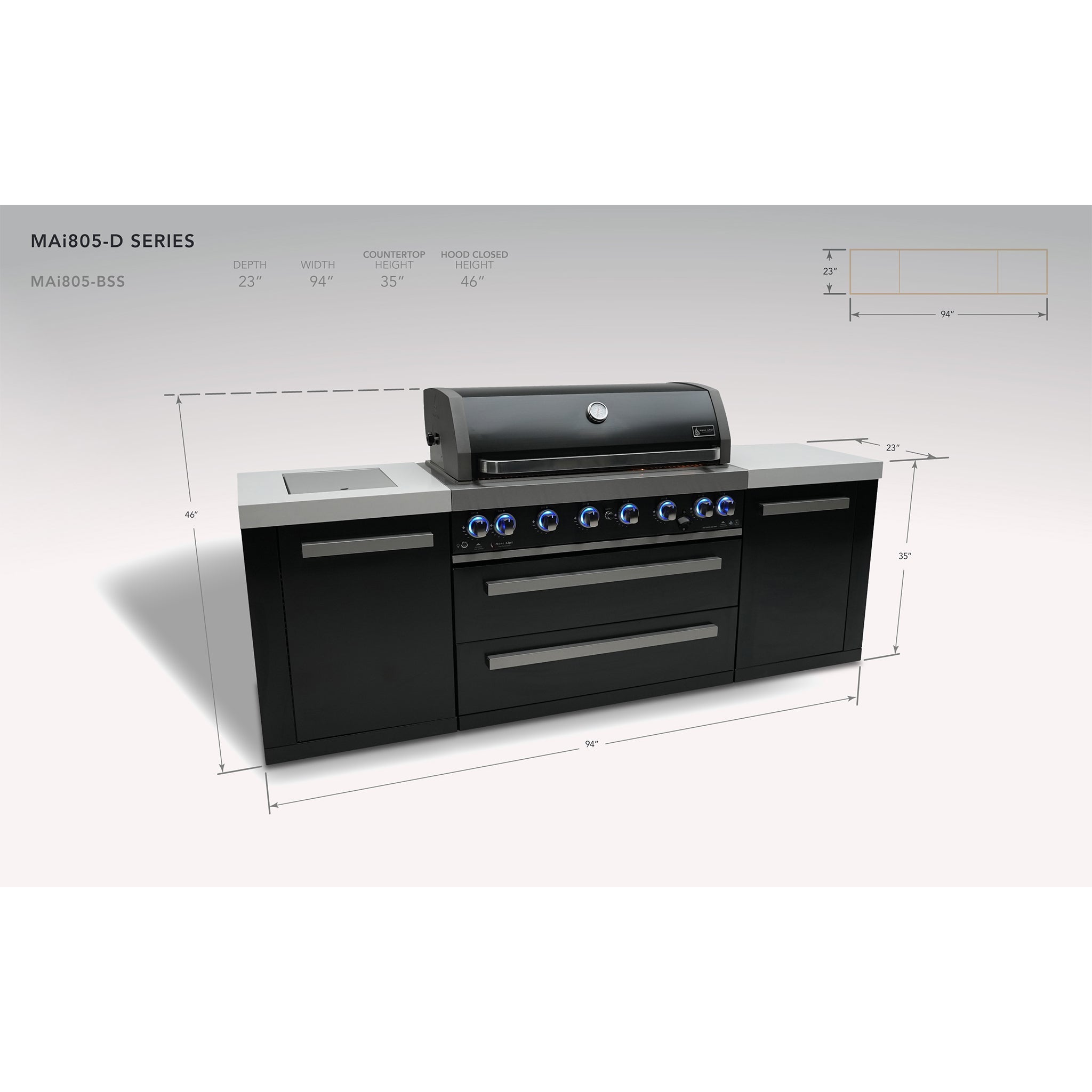 805 8 ft. Black Stainless Steel 6-Burner Outdoor Kitchen Island