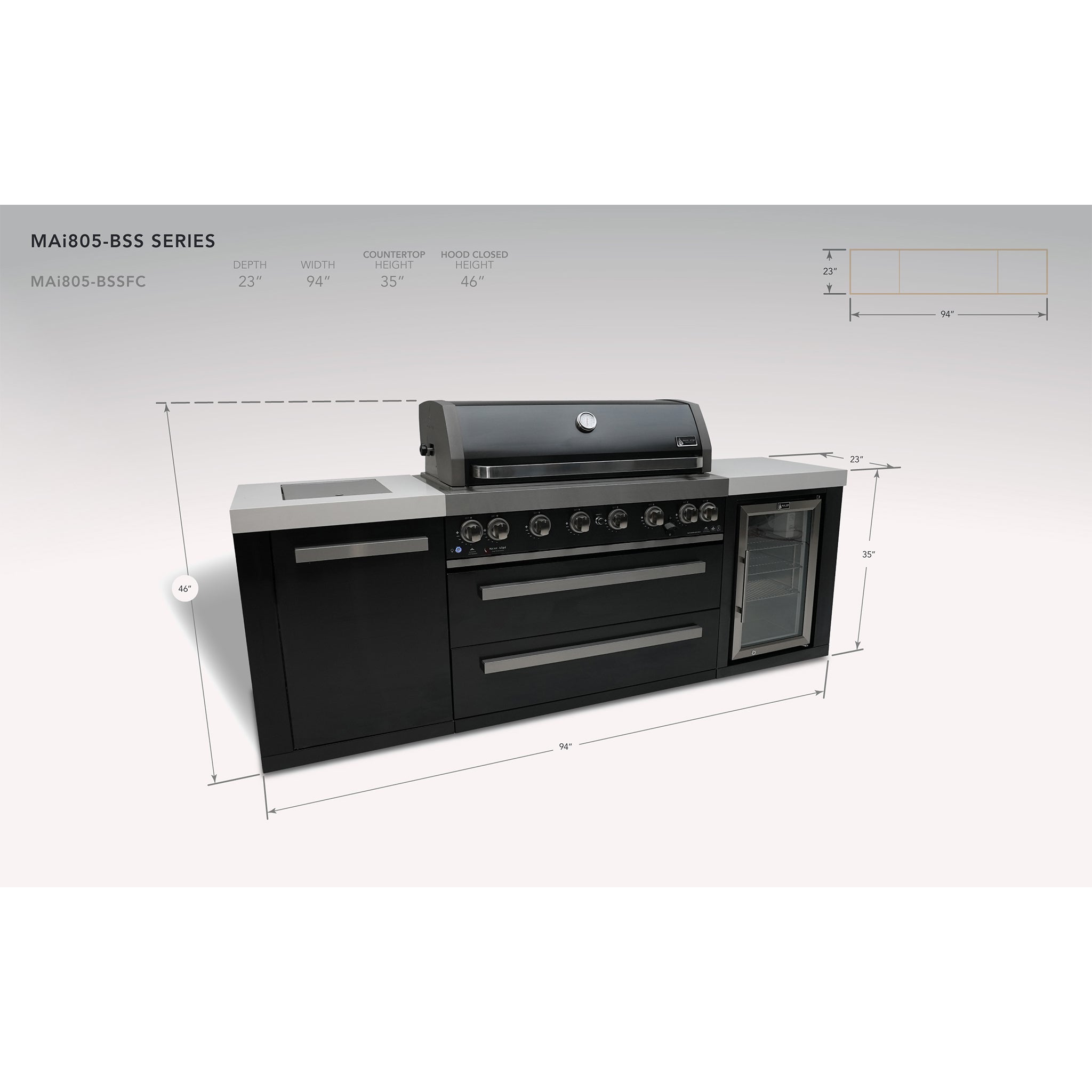 805 10 ft. Black Stainless Steel 6-Burner Outdoor Kitchen Island with 45-Degree Corners and Fridge Cabinet