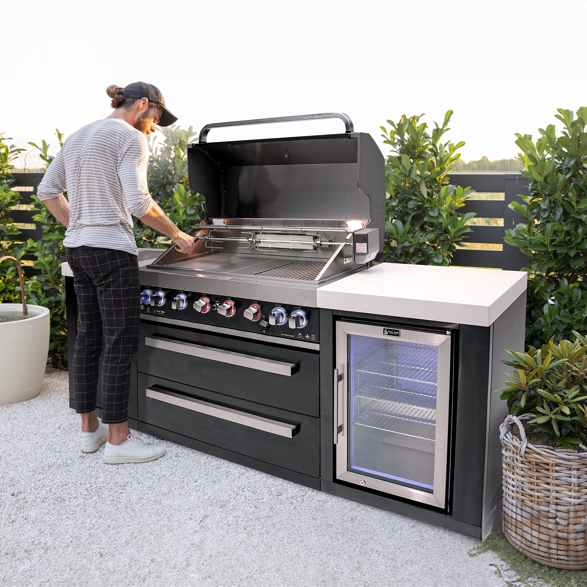 805 8 ft. Black Stainless Steel 6-Burner Outdoor Kitchen Island with Fridge Cabinet
